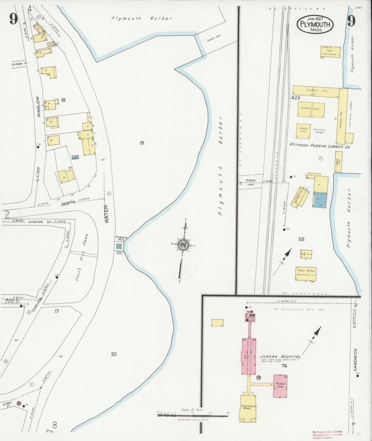 Sanborn Fire Insurance Map from Plymouth, Plymouth County, Massachusetts (1927), Sheet #0009 - Complete Map Set gallery image, historic Sanborn map, vintage wall art, Massachusetts Massachusetts