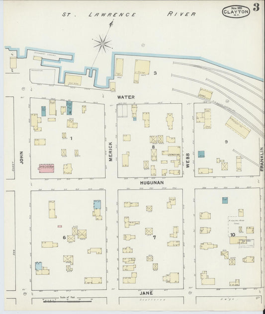 Sanborn Fire Insurance Map from Clayton, Jefferson County, New York (1891), Sheet #0003 - Historic Sanborn Fire Insurance Map Print, vintage old map wall art, antique decor, genealogy gift, New York New York map
