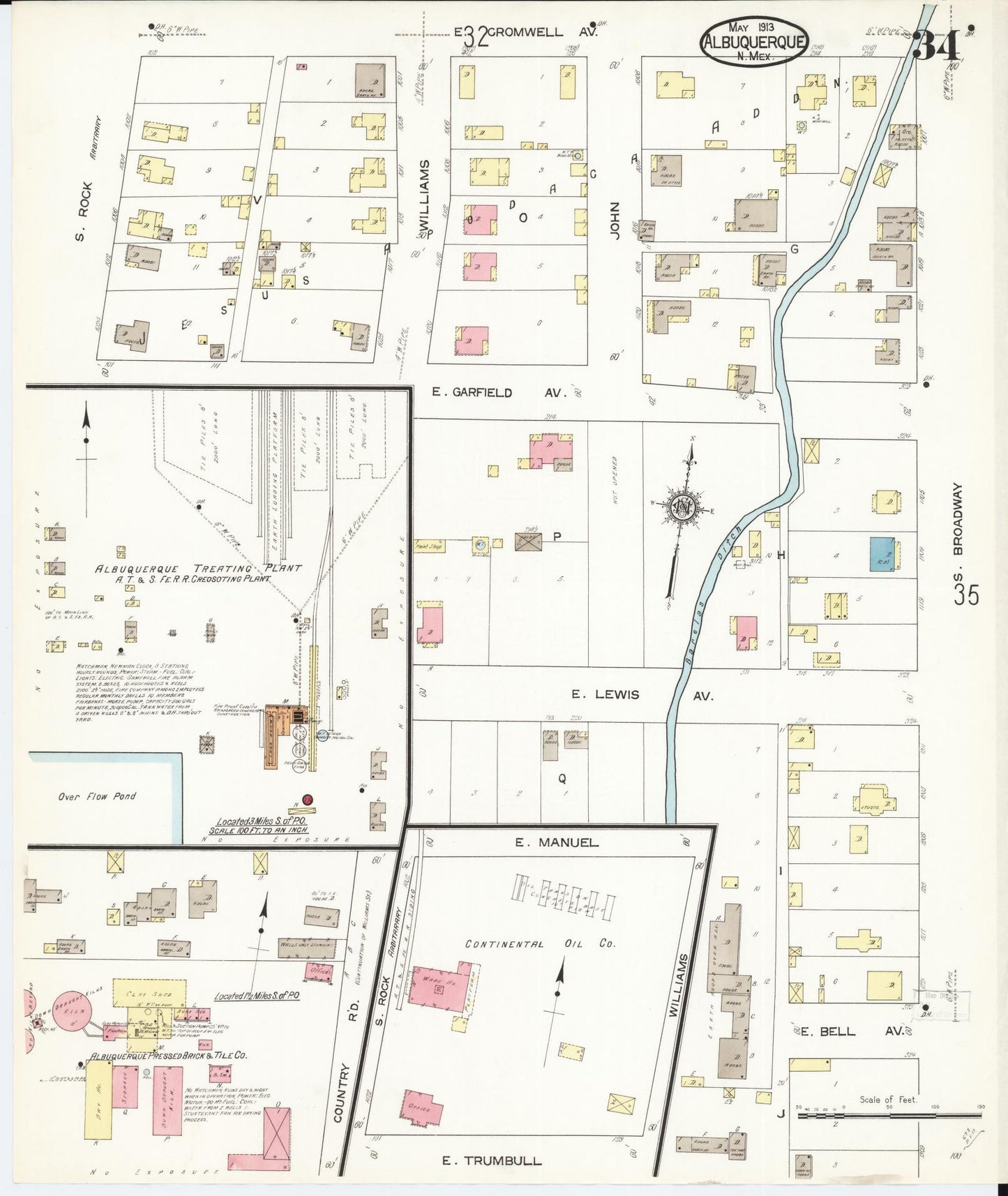 Sanborn Fire Insurance Map from Albuquerque, Bernalillo County, New Mexico (1913), Sheet #0034 - Historic Sanborn Fire Insurance Map Print, vintage old map wall art, antique decor, genealogy gift, New Mexico New Mexico map