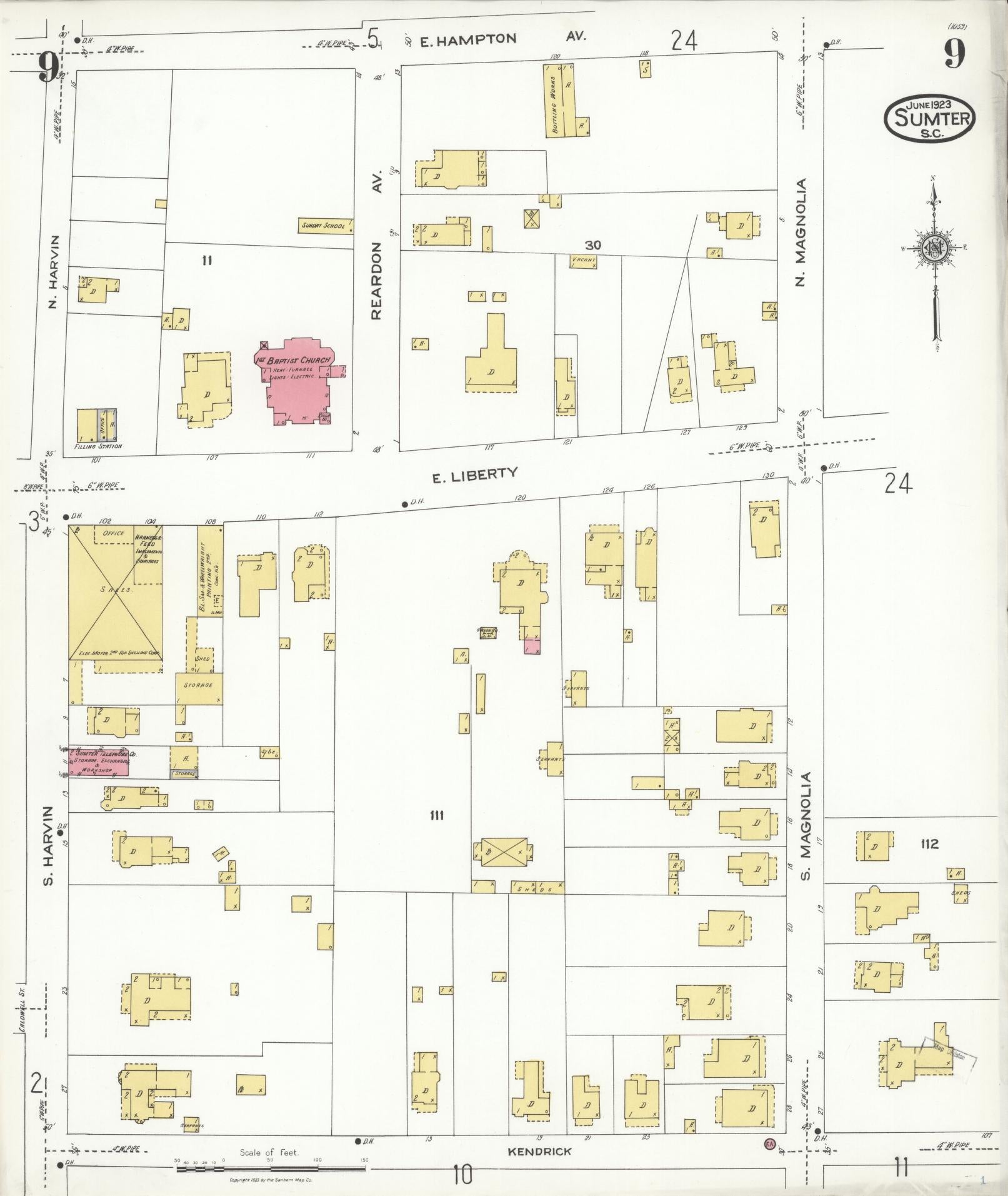 Sanborn Fire Insurance Map from Sumter, Sumter County, South Carolina (1923), Sheet #0009 - Historic Sanborn Fire Insurance Map Print, vintage old map wall art, antique decor, genealogy gift, South Carolina South Carolina map