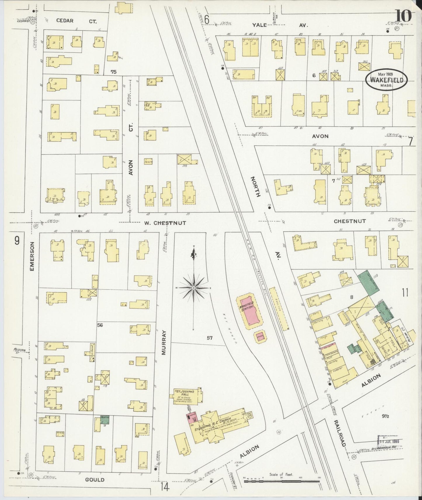 Sanborn Fire Insurance Map from Wakefield, Middlesex County, Massachusetts (1909), Sheet #0010 - Historic Sanborn Fire Insurance Map Print, vintage old map wall art, antique decor, genealogy gift, Massachusetts Massachusetts map