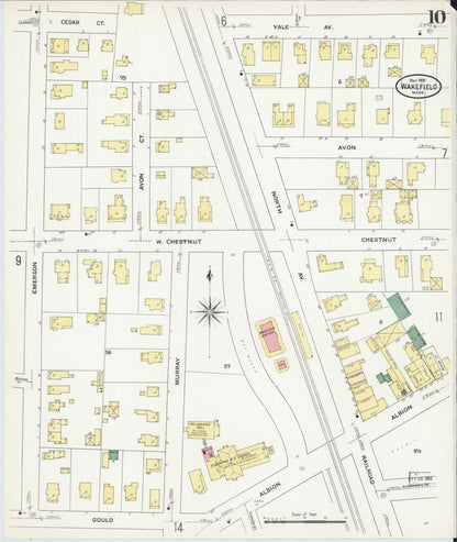 Sanborn Fire Insurance Map from Wakefield, Middlesex County, Massachusetts (1909), Sheet #0010 - Historic Sanborn Fire Insurance Map Print, vintage old map wall art, antique decor, genealogy gift, Massachusetts Massachusetts map