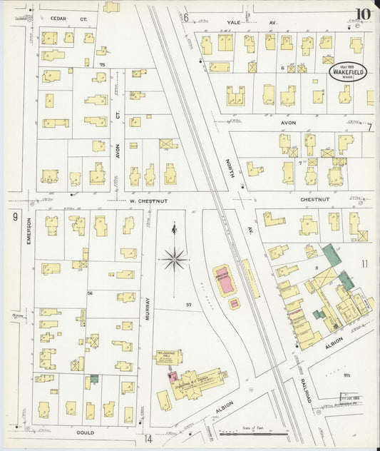 Sanborn Fire Insurance Map from Wakefield, Middlesex County, Massachusetts (1909), Sheet #0010 - Historic Sanborn Fire Insurance Map Print, vintage old map wall art, antique decor, genealogy gift, Massachusetts Massachusetts map
