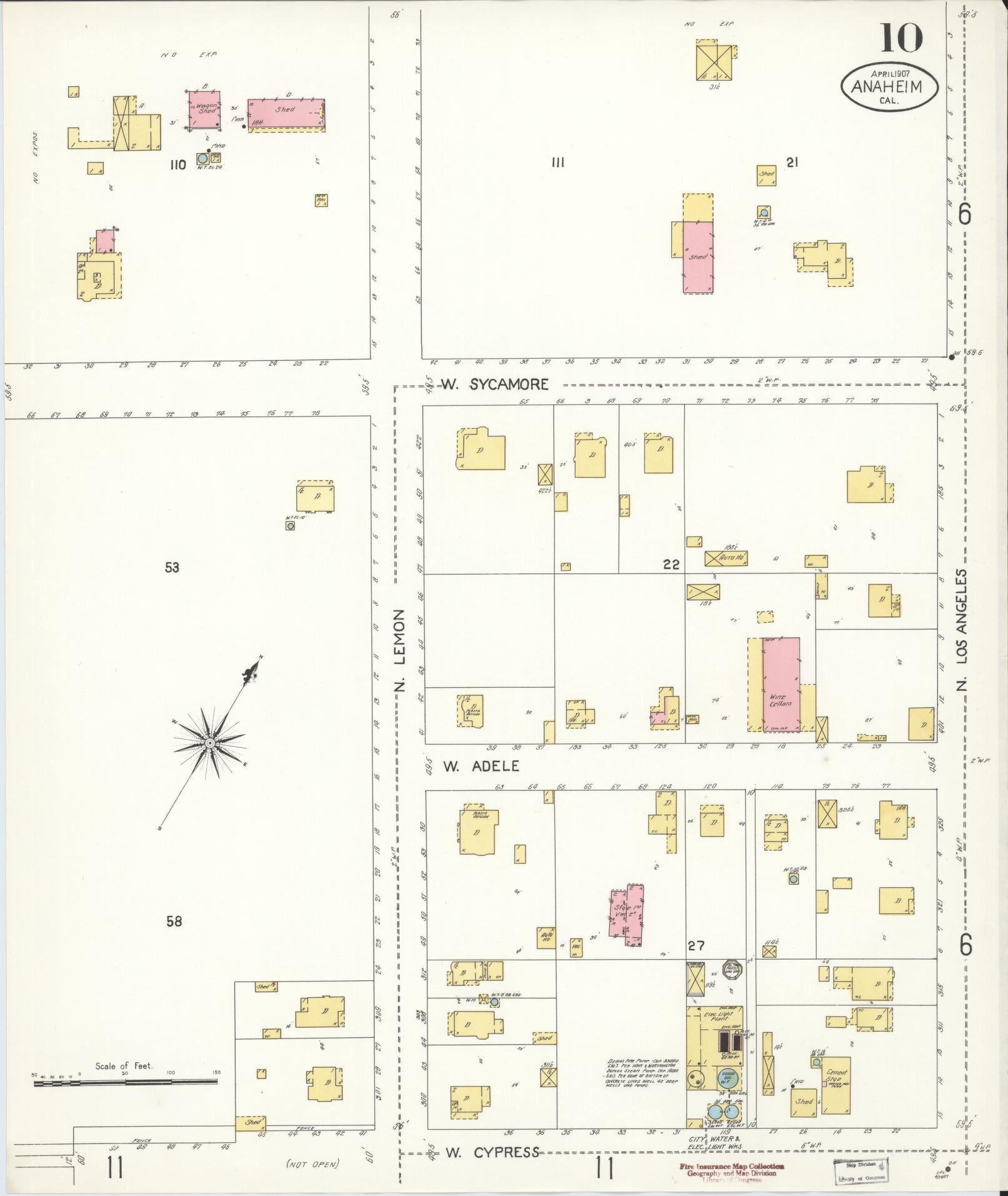 Sanborn Fire Insurance Map from Anaheim, Orange County, California (1907), Sheet #0010 - Historic Sanborn Fire Insurance Map Print, vintage old map wall art, antique decor, genealogy gift, California California map