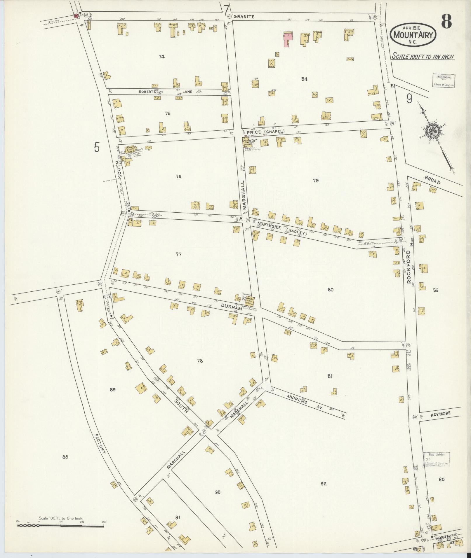 Sanborn Fire Insurance Map from Mount Airy, Surry County, North Carolina (1916), Sheet #0008 - Historic Sanborn Fire Insurance Map Print, vintage old map wall art, antique decor, genealogy gift, North Carolina North Carolina map
