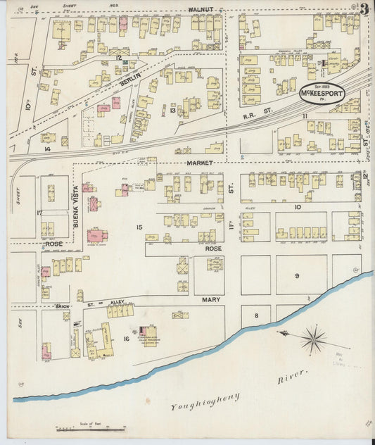 Sanborn Fire Insurance Map from McKeesport, Allegheny County, Pennsylvania (1889), Sheet #0003 - Historic Sanborn Fire Insurance Map Print, vintage old map wall art, antique decor, genealogy gift, Pennsylvania Pennsylvania map