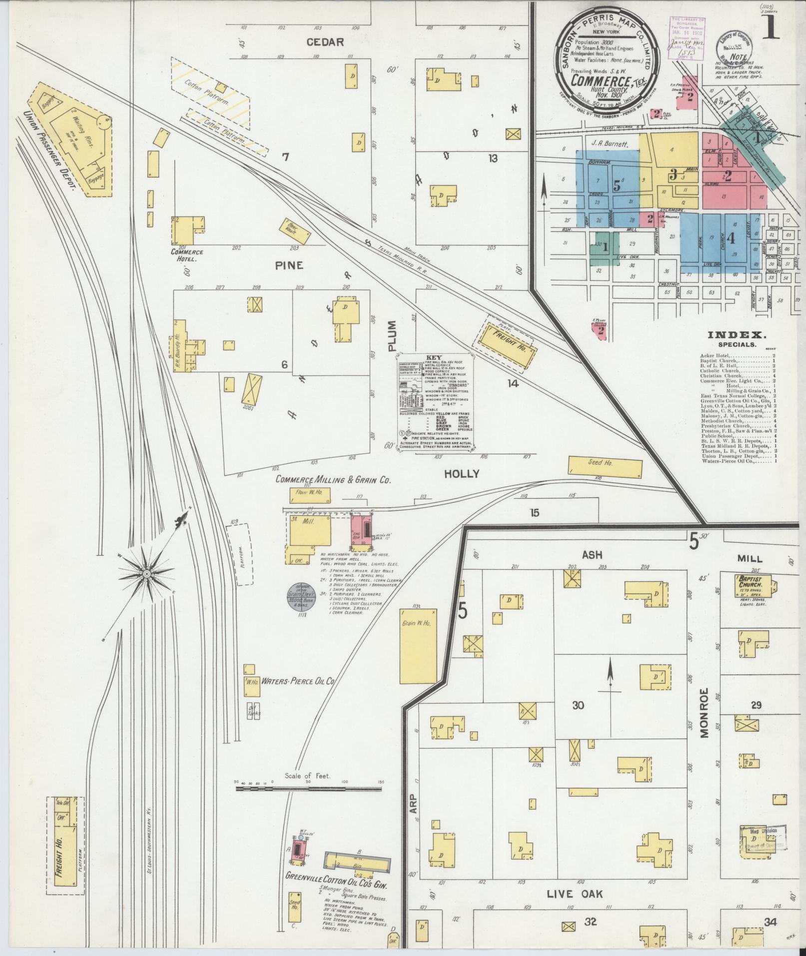 Sanborn Fire Insurance Map from Commerce, Hunt County, Texas (1901), Sheet #0001 - Historic Sanborn Fire Insurance Map Print, vintage old map wall art, antique decor, genealogy gift, Texas Texas map