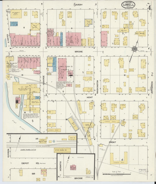 Sanborn Fire Insurance Map from Lowell, Kent County, Michigan (1918), Sheet #0004 - Historic Sanborn Fire Insurance Map Print, vintage old map wall art, antique decor, genealogy gift, Michigan Michigan map