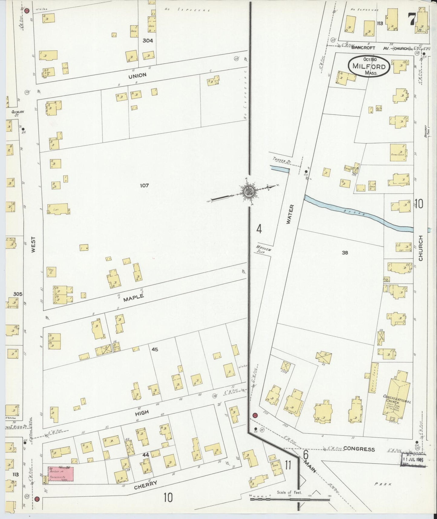 Sanborn Fire Insurance Map from Milford, Worcester County, Massachusetts (1910), Sheet #0007 - Complete Map Set gallery image, historic Sanborn map, vintage wall art, Massachusetts Massachusetts