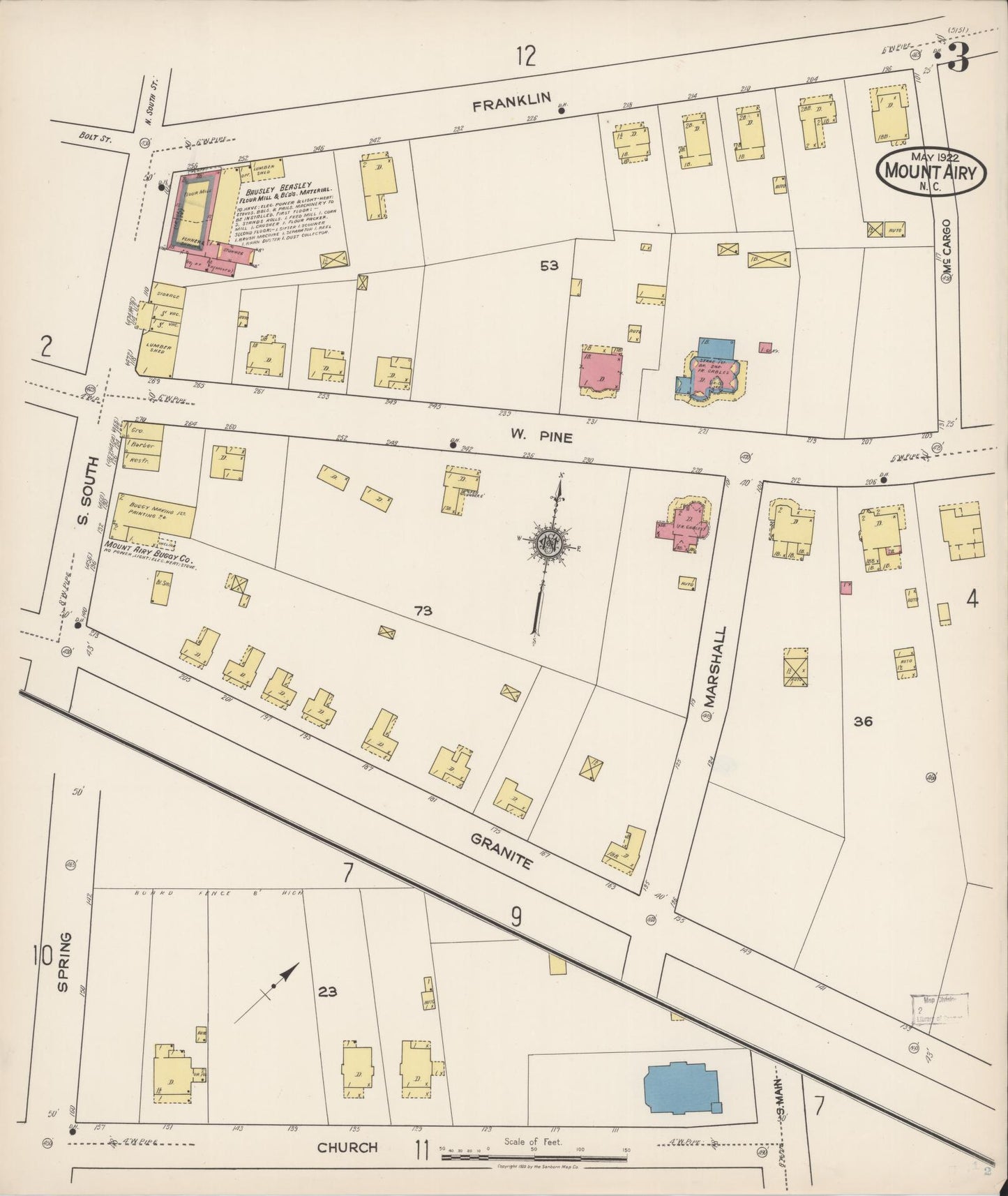 Sanborn Fire Insurance Map from Mount Airy, Surry County, North Carolina (1922), Sheet #0003 - Historic Sanborn Fire Insurance Map Print, vintage old map wall art, antique decor, genealogy gift, North Carolina North Carolina map