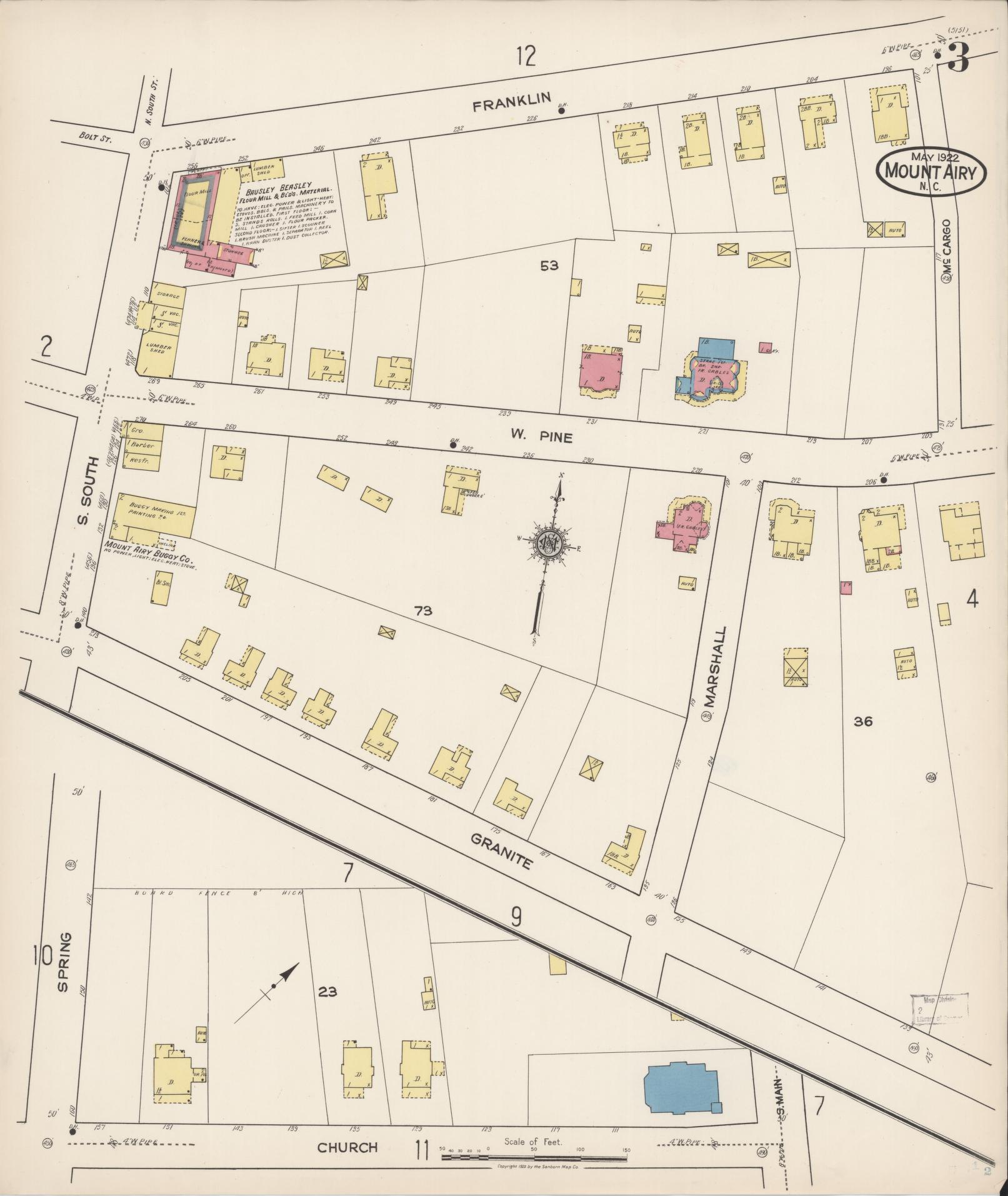 Sanborn Fire Insurance Map from Mount Airy, Surry County, North Carolina (1922), Sheet #0003 - Historic Sanborn Fire Insurance Map Print, vintage old map wall art, antique decor, genealogy gift, North Carolina North Carolina map