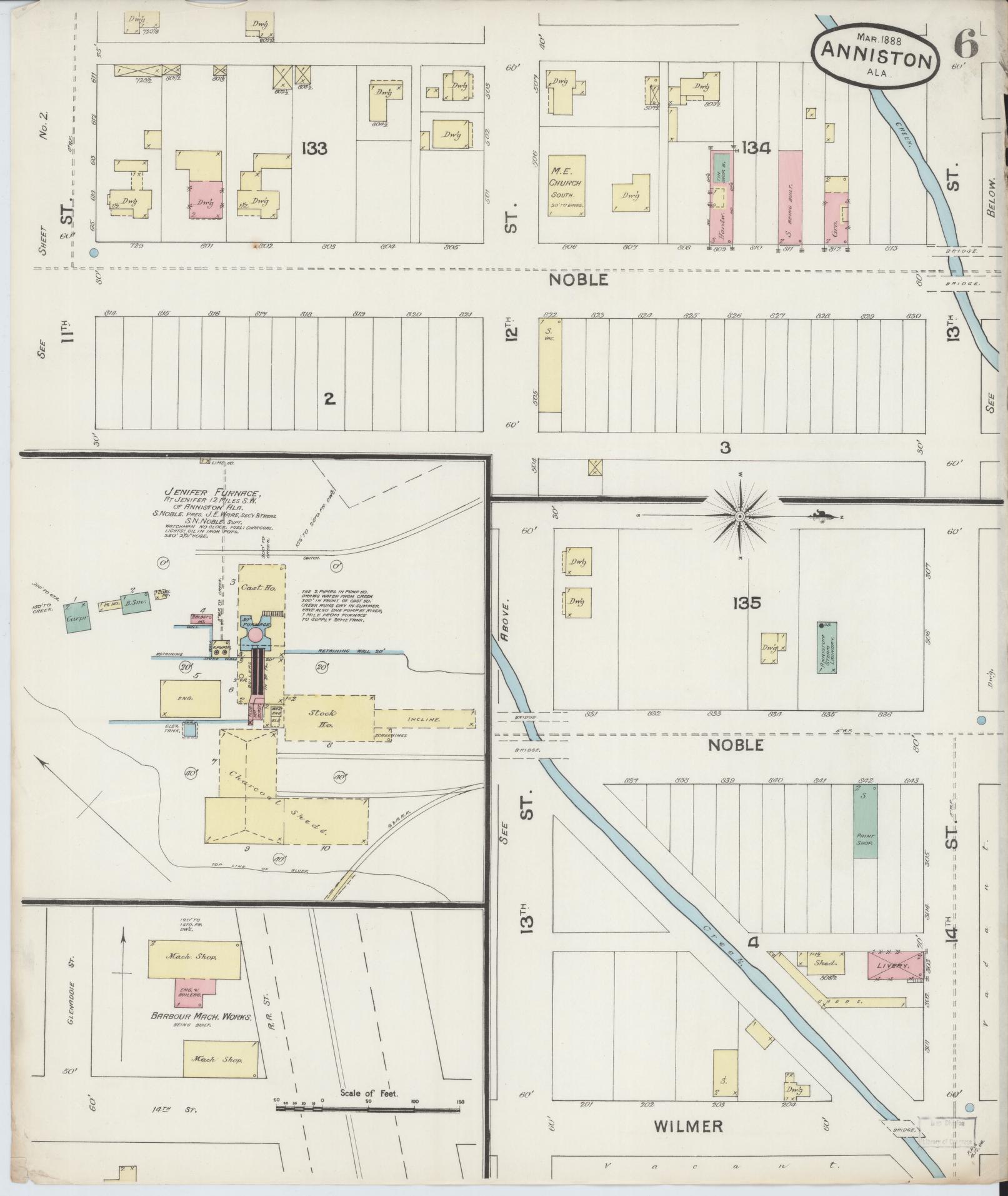 Sanborn Fire Insurance Map from Anniston, Calhoun County, Alabama (1888), Sheet #0006 - Complete Map Set gallery image, historic Sanborn map, vintage wall art, Alabama Alabama