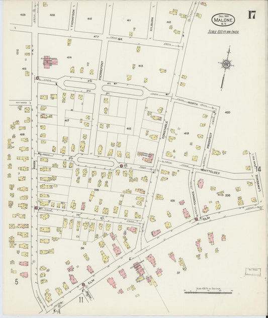 Sanborn Fire Insurance Map from Malone, Franklin County, New York (1914), Sheet #0017 - Historic Sanborn Fire Insurance Map Print, vintage old map wall art, antique decor, genealogy gift, New York New York map