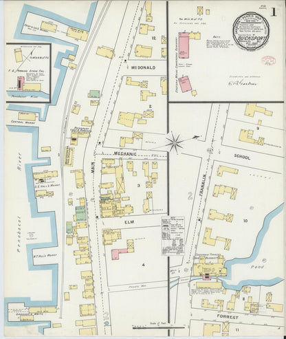 Sanborn Fire Insurance Map from Bucksport, Hancock County, Maine (1895), Sheet #0001 - Complete Map Set gallery image, historic Sanborn map, vintage wall art, Maine Maine