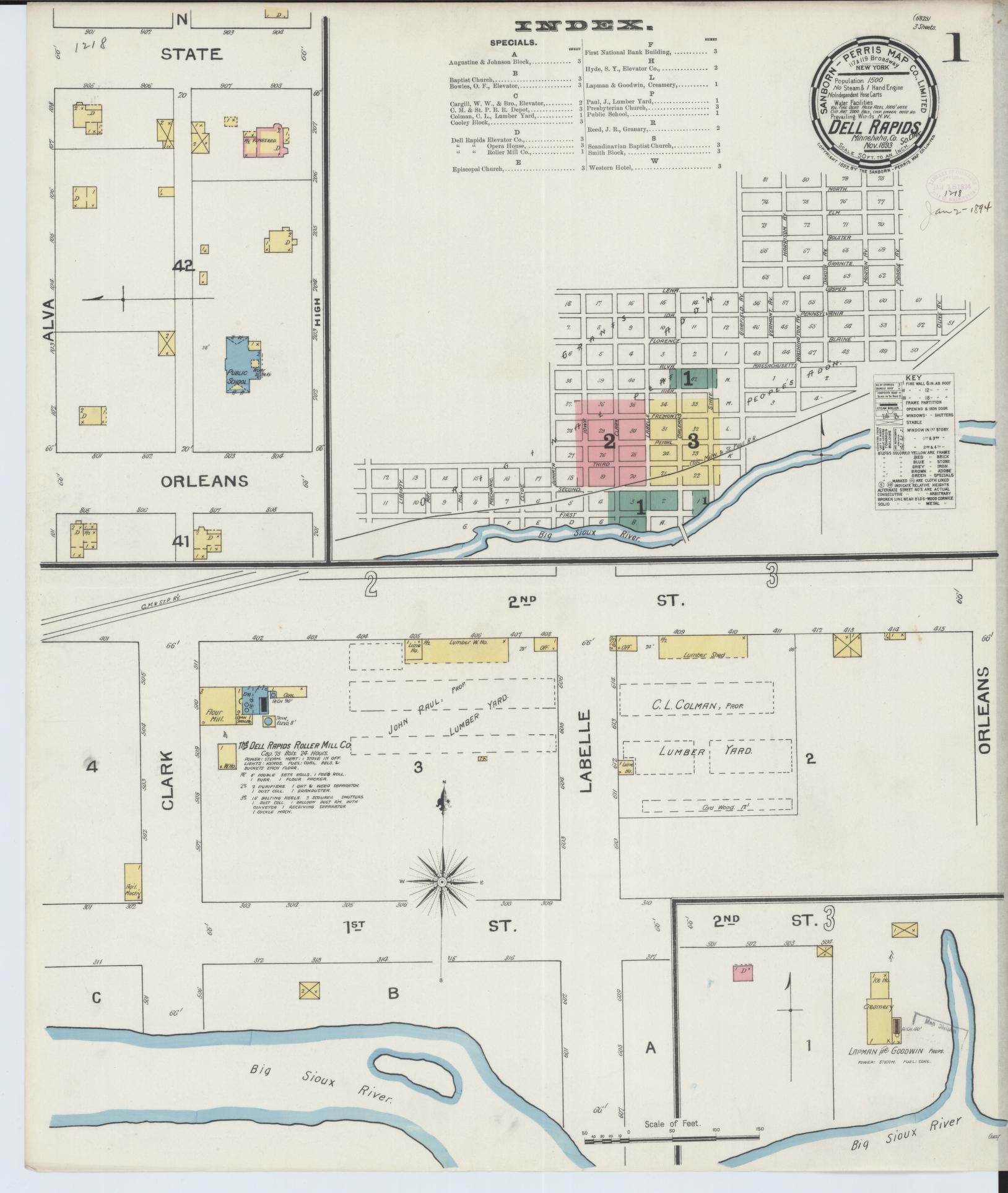 Sanborn Fire Insurance Map from Dell Rapids, Minnehaha County, South Dakota. (1893) – Historic Sanborn Fire Insurance Map Print