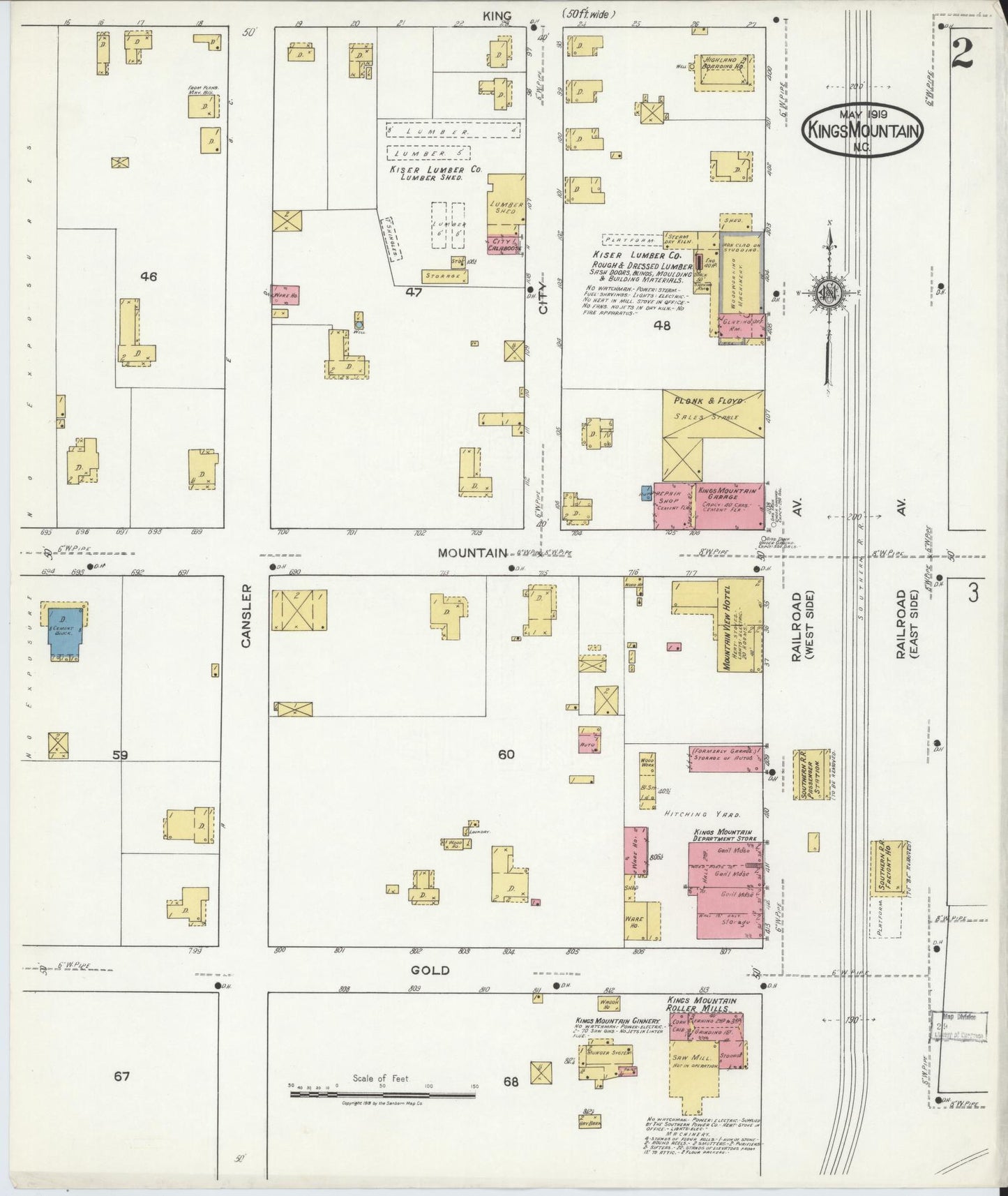 Sanborn Fire Insurance Map from Kings Mountain, Cleveland County, North Carolina (1919), Sheet #0002 - Historic Sanborn Fire Insurance Map Print, vintage old map wall art, antique decor, genealogy gift, North Carolina North Carolina map