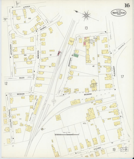 Sanborn Fire Insurance Map from Marblehead, Essex County, Massachusetts (1908), Sheet #0016 - Historic Sanborn Fire Insurance Map Print, vintage old map wall art, antique decor, genealogy gift, Massachusetts Massachusetts map
