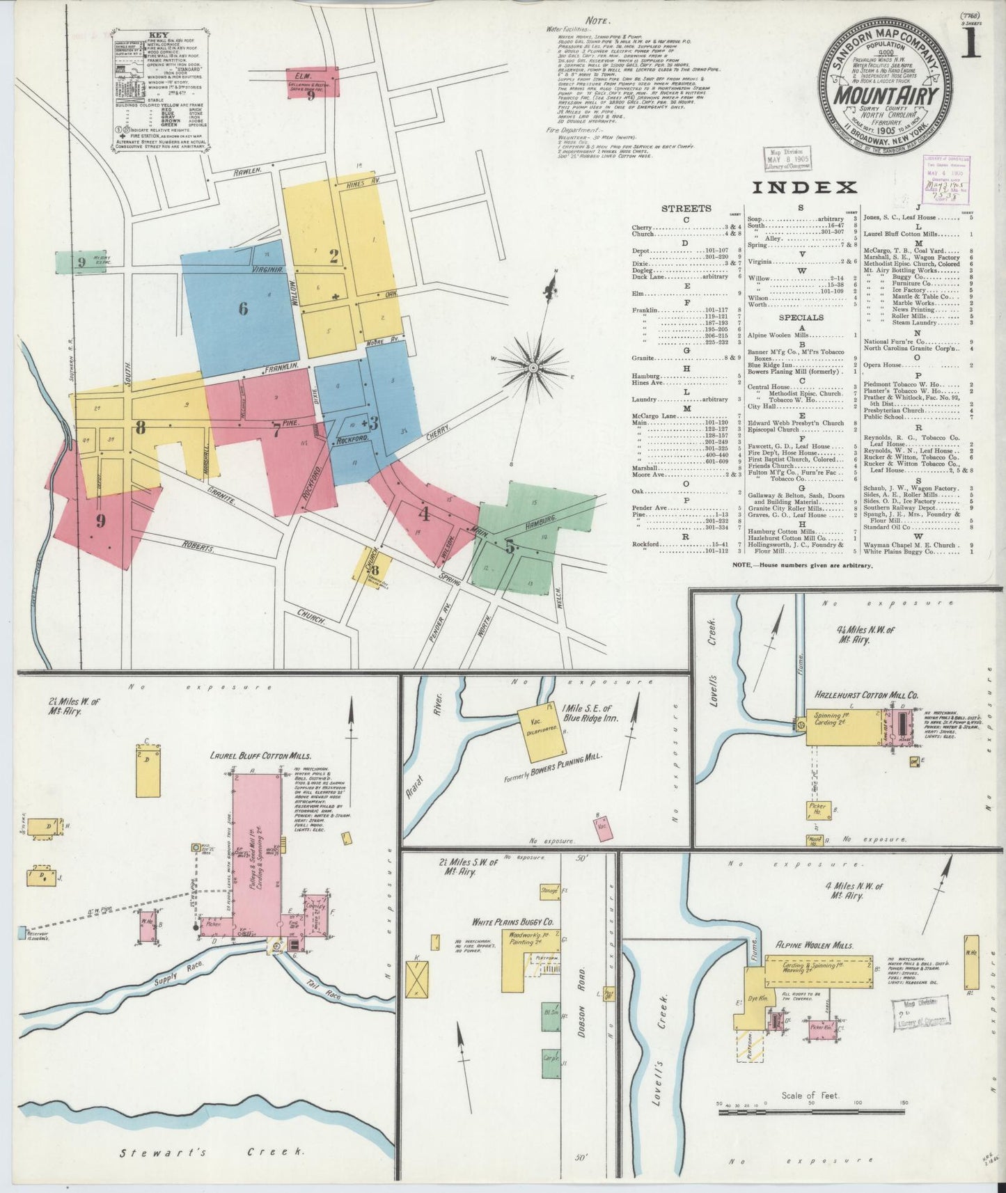 Sanborn Fire Insurance Map from Mount Airy, Surry County, North Carolina (1905), Sheet #0001 - Complete Map Set gallery image, historic Sanborn map, vintage wall art, North Carolina North Carolina