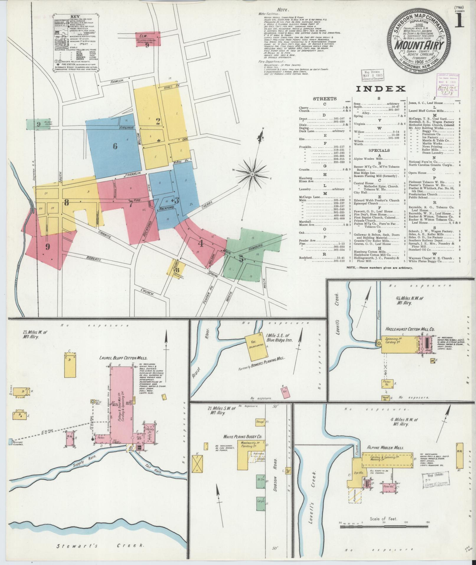 Sanborn Fire Insurance Map from Mount Airy, Surry County, North Carolina (1905), Sheet #0001 - Complete Map Set gallery image, historic Sanborn map, vintage wall art, North Carolina North Carolina