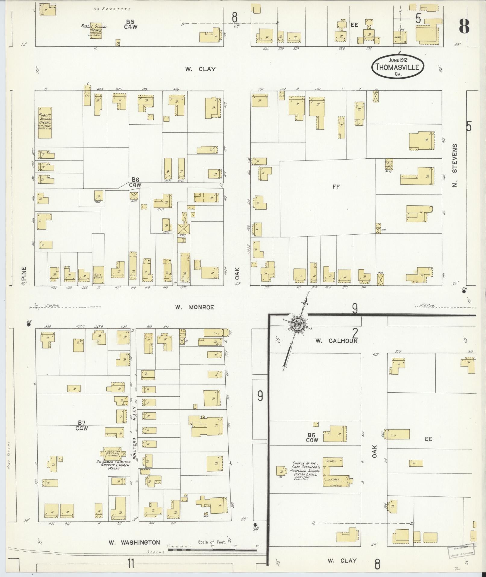 Sanborn Fire Insurance Map from Thomasville, Thomas County, Georgia (1912), Sheet #0008 - Historic Sanborn Fire Insurance Map Print, vintage old map wall art, antique decor, genealogy gift, Georgia Georgia map