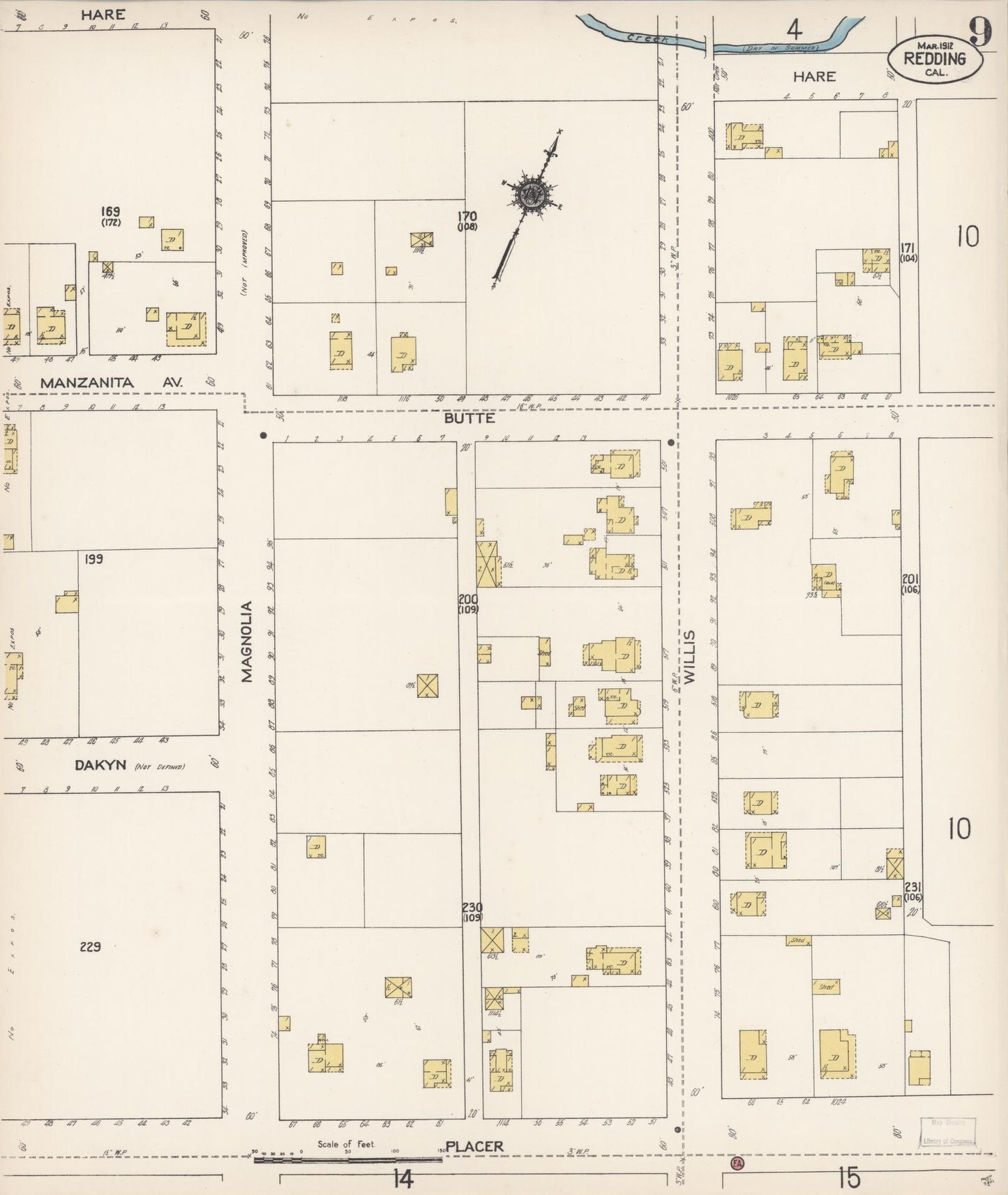 Sanborn Fire Insurance Map from Redding, Shasta County, California (1912), Sheet #0009 - Complete Map Set gallery image, historic Sanborn map, vintage wall art, California California