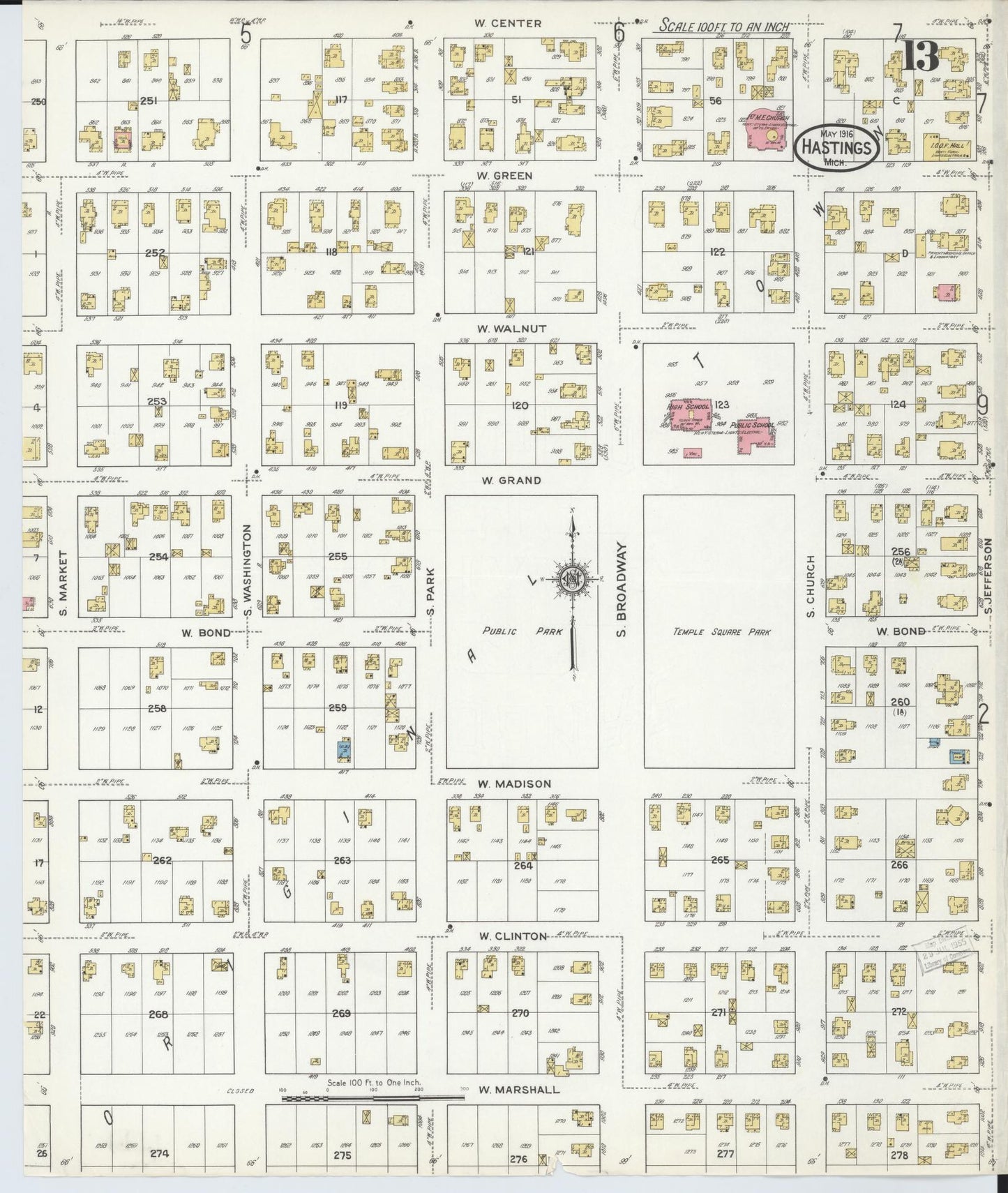 Sanborn Fire Insurance Map from Hastings, Barry County, Michigan (1916), Sheet #0013 - Historic Sanborn Fire Insurance Map Print, vintage old map wall art, antique decor, genealogy gift, Michigan Michigan map