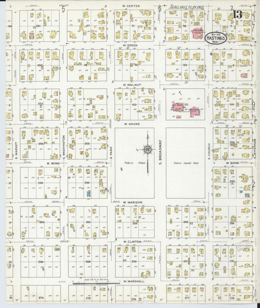 Sanborn Fire Insurance Map from Hastings, Barry County, Michigan (1916), Sheet #0013 - Historic Sanborn Fire Insurance Map Print, vintage old map wall art, antique decor, genealogy gift, Michigan Michigan map