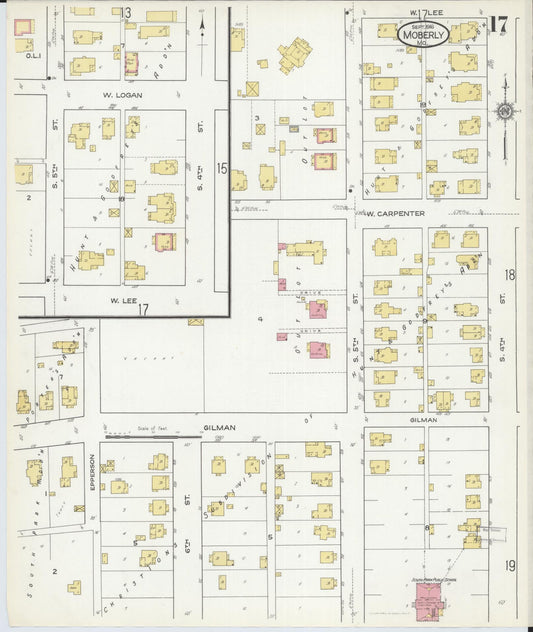 Sanborn Fire Insurance Map from Moberly, Randolph County, Missouri (1916), Sheet #0017 - Historic Sanborn Fire Insurance Map Print, vintage old map wall art, antique decor, genealogy gift, Missouri Missouri map