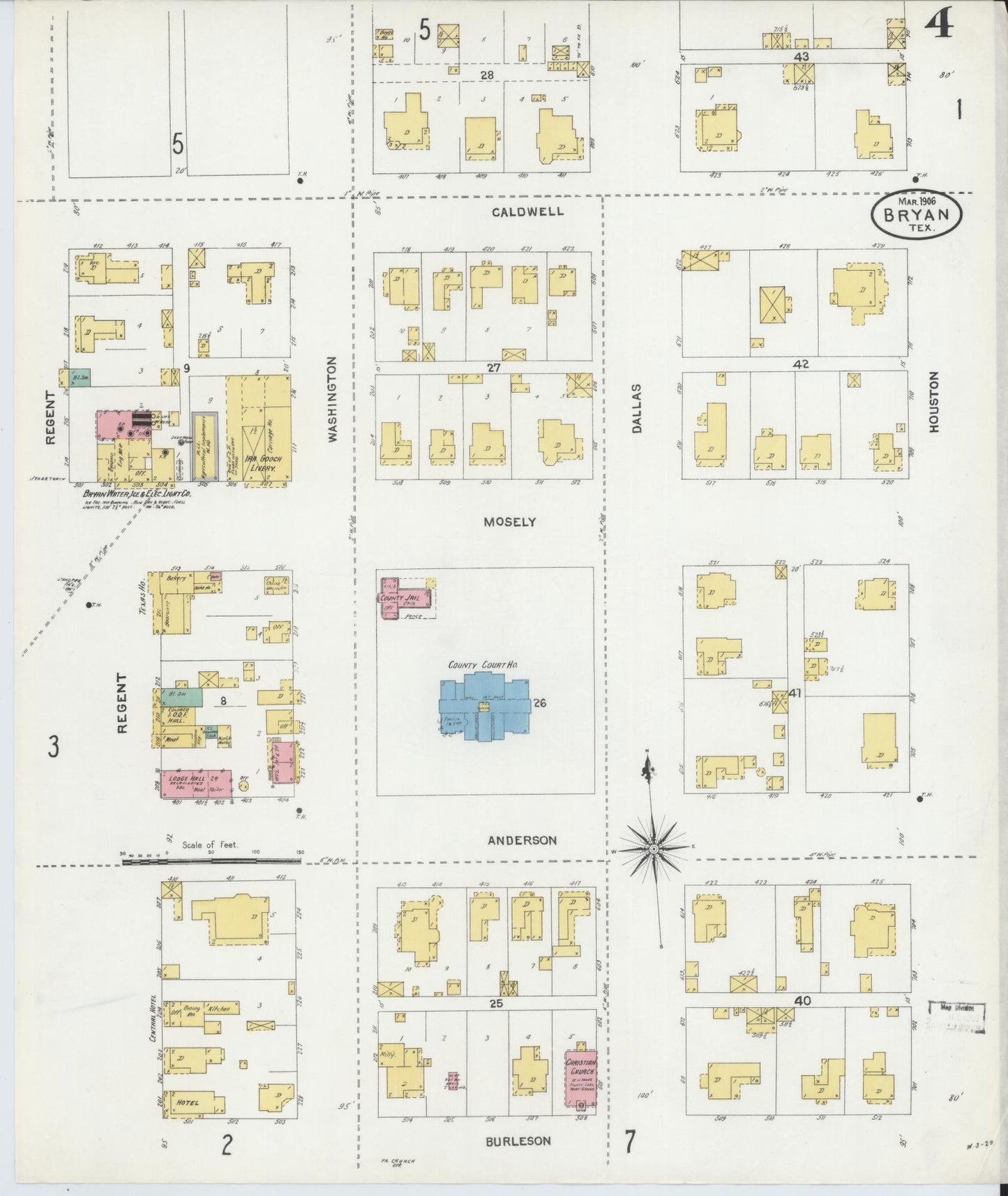 Sanborn Fire Insurance Map from Bryan, Brazos County, Texas (1906), Sheet #0004 - Historic Sanborn Fire Insurance Map Print, vintage old map wall art, antique decor, genealogy gift, Texas Texas map