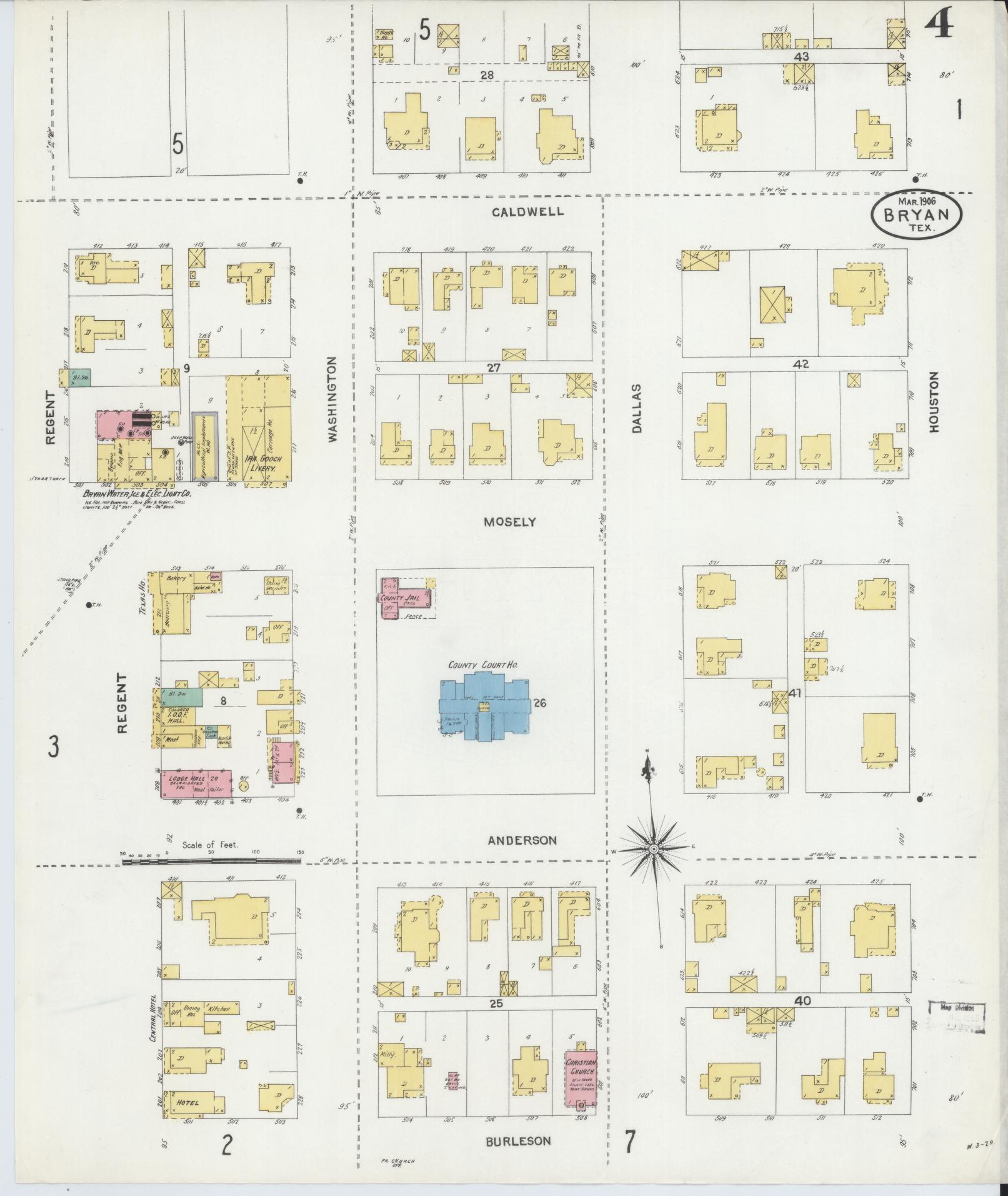Sanborn Fire Insurance Map from Bryan, Brazos County, Texas (1906), Sheet #0004 - Historic Sanborn Fire Insurance Map Print, vintage old map wall art, antique decor, genealogy gift, Texas Texas map
