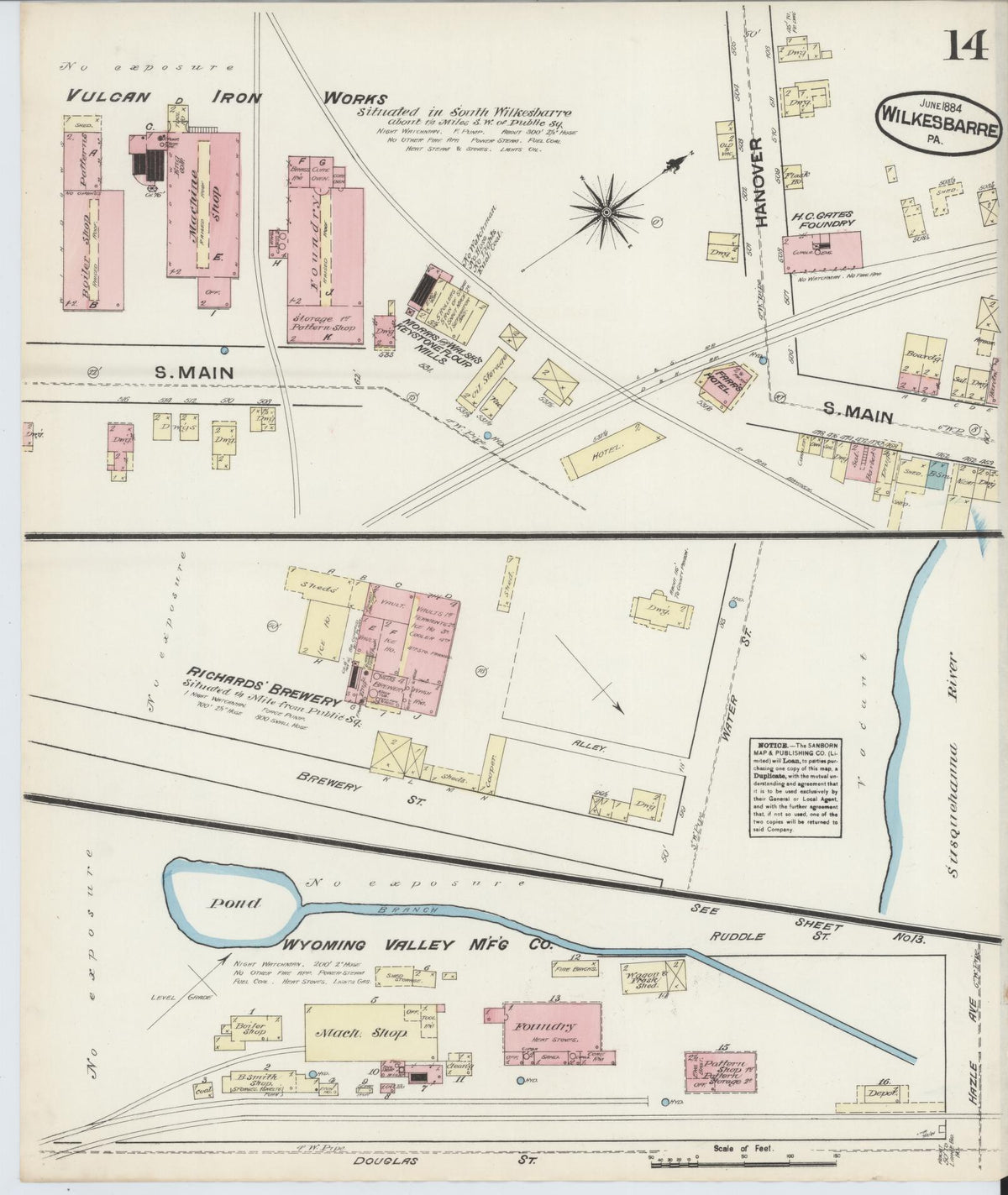 Sanborn Fire Insurance Map from Wilkes Barre, Luzerne County, Pennsylvania (1884), Sheet #0014 - Historic Sanborn Fire Insurance Map Print, vintage old map wall art, antique decor, genealogy gift, Pennsylvania Pennsylvania map