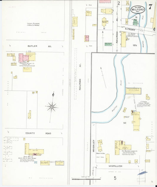 Sanborn Fire Insurance Map from Milford, Kent And Sussex Counties, Delaware (1904), Sheet #0007 - Historic Sanborn Fire Insurance Map Print, vintage old map wall art, antique decor, genealogy gift, Delaware Delaware map