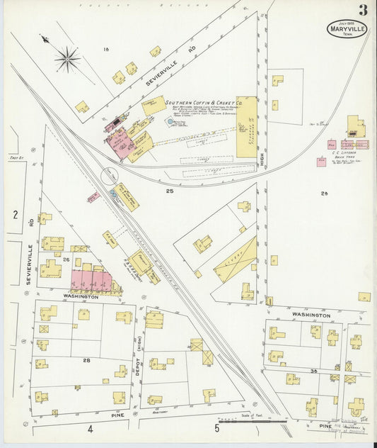 Sanborn Fire Insurance Map from Maryville, Blount County, Tennessee (1909), Sheet #0003 - Historic Sanborn Fire Insurance Map Print, vintage old map wall art, antique decor, genealogy gift, Tennessee Tennessee map