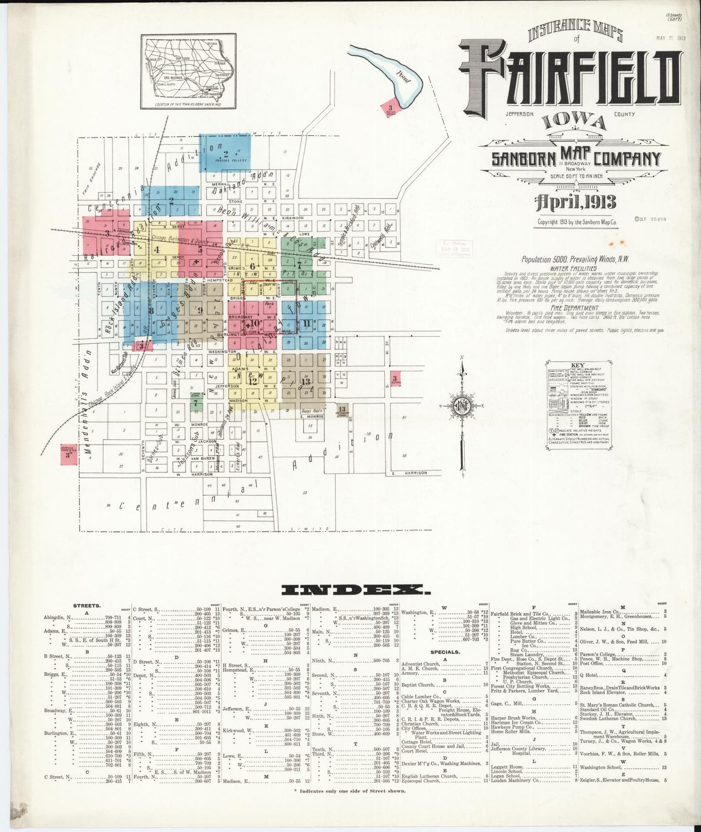 Sanborn Fire Insurance Map from Fairfield, Jefferson County, Iowa (1913), Sheet #0001 - Historic Sanborn Fire Insurance Map Print, vintage old map wall art