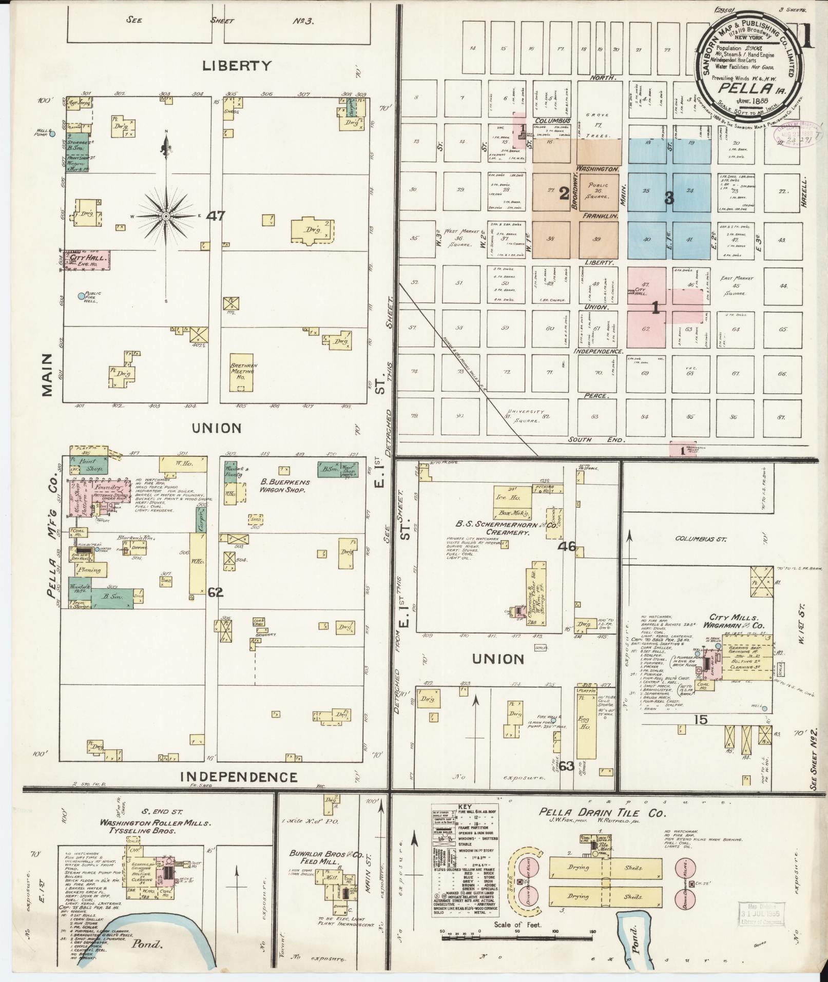 Sanborn Fire Insurance Map from Pella, Marion County, Iowa (1888), Sheet #0001 - Historic Sanborn Fire Insurance Map Print, vintage old map wall art
