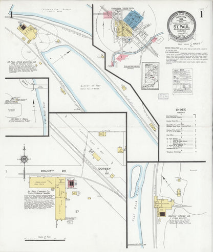 Sanborn Fire Insurance Map from Saint Paul, Shelby And Decatur Counties, Indiana (1927), Sheet #0001 - Complete Map Set gallery image, historic Sanborn map, vintage wall art, Indiana Indiana