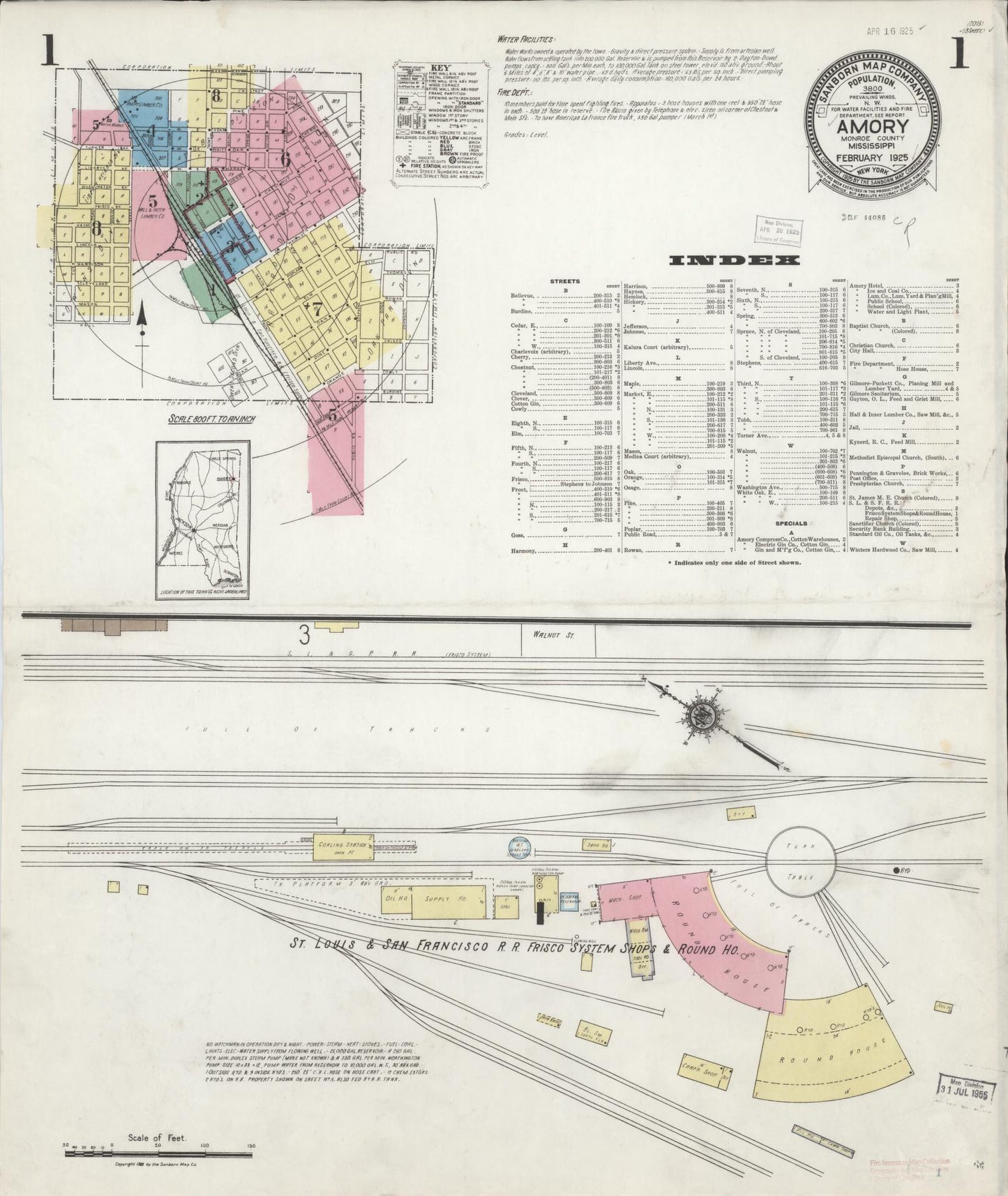 Sanborn Fire Insurance Map from Amory, Monroe County, Mississippi (1925), Sheet #0001 - Complete Map Set gallery image, historic Sanborn map, vintage wall art, Mississippi Mississippi