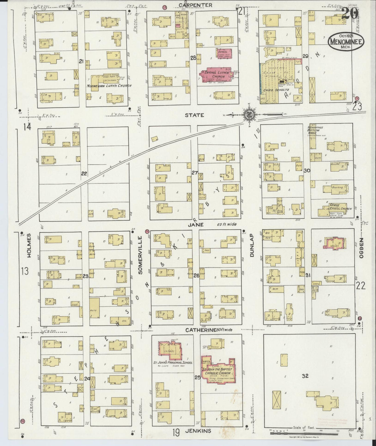 Sanborn Fire Insurance Map from Menominee, Menominee County, Michigan (1921), Sheet #0020 - Historic Sanborn Fire Insurance Map Print, vintage old map wall art, antique decor, genealogy gift, Michigan Michigan map