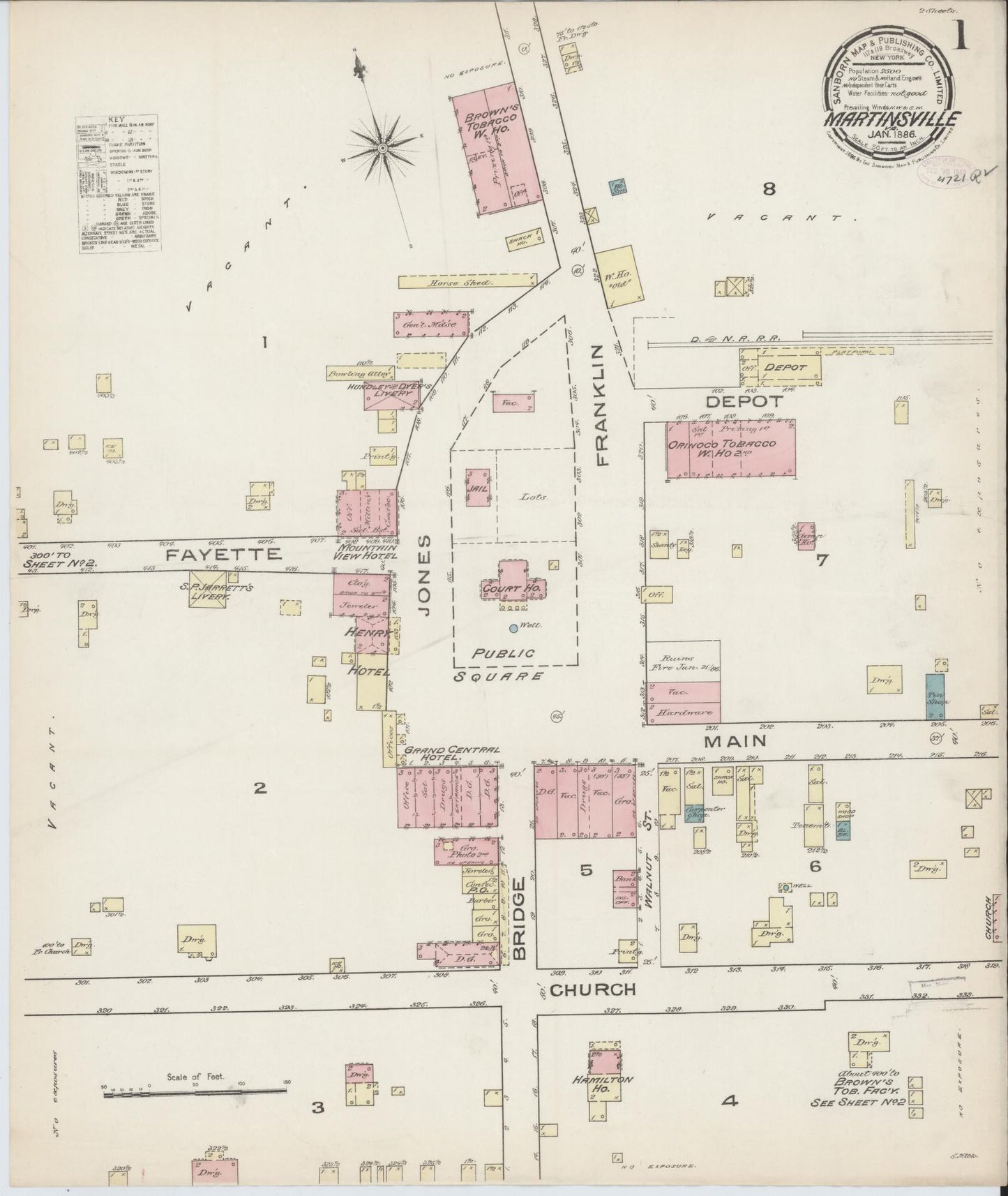 Sanborn Fire Insurance Map from Martinsville, Independent Cities, Virginia (1886), Sheet #0001 - Historic Sanborn Fire Insurance Map Print, vintage old map wall art, antique decor, genealogy gift, Virginia Virginia map