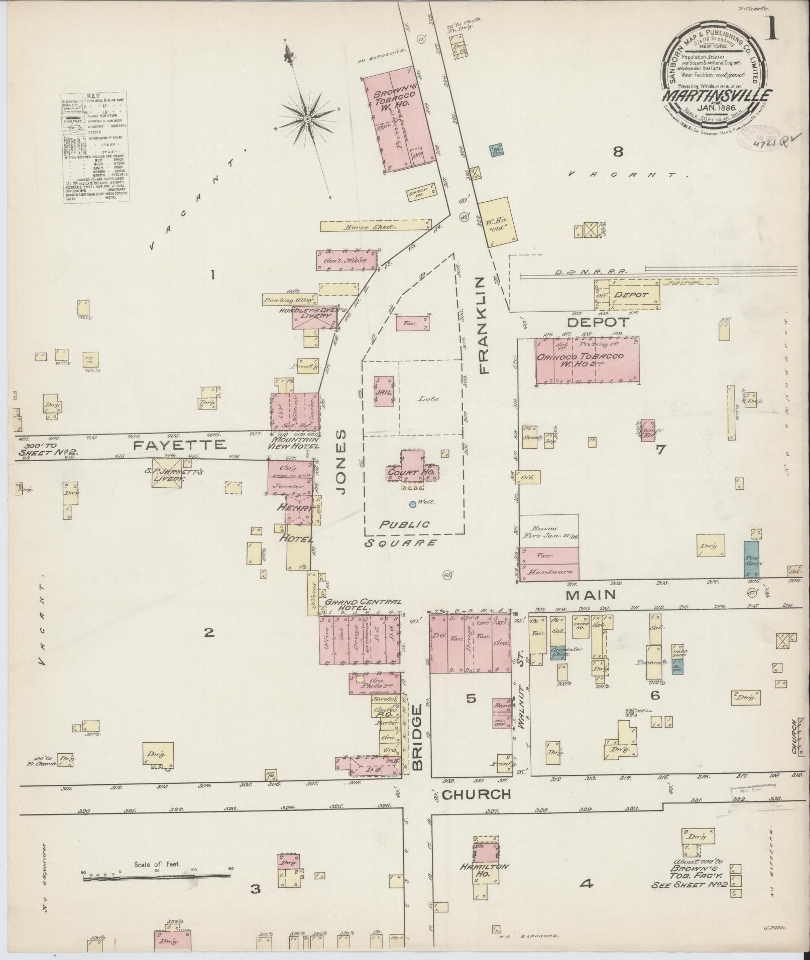 Sanborn Fire Insurance Map from Martinsville, Independent Cities, Virginia (1886), Sheet #0001 - Historic Sanborn Fire Insurance Map Print, vintage old map wall art, antique decor, genealogy gift, Virginia Virginia map