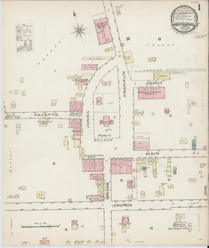 Sanborn Fire Insurance Map from Martinsville, Independent Cities, Virginia (1886), Sheet #0001 - Historic Sanborn Fire Insurance Map Print, vintage old map wall art, antique decor, genealogy gift, Virginia Virginia map