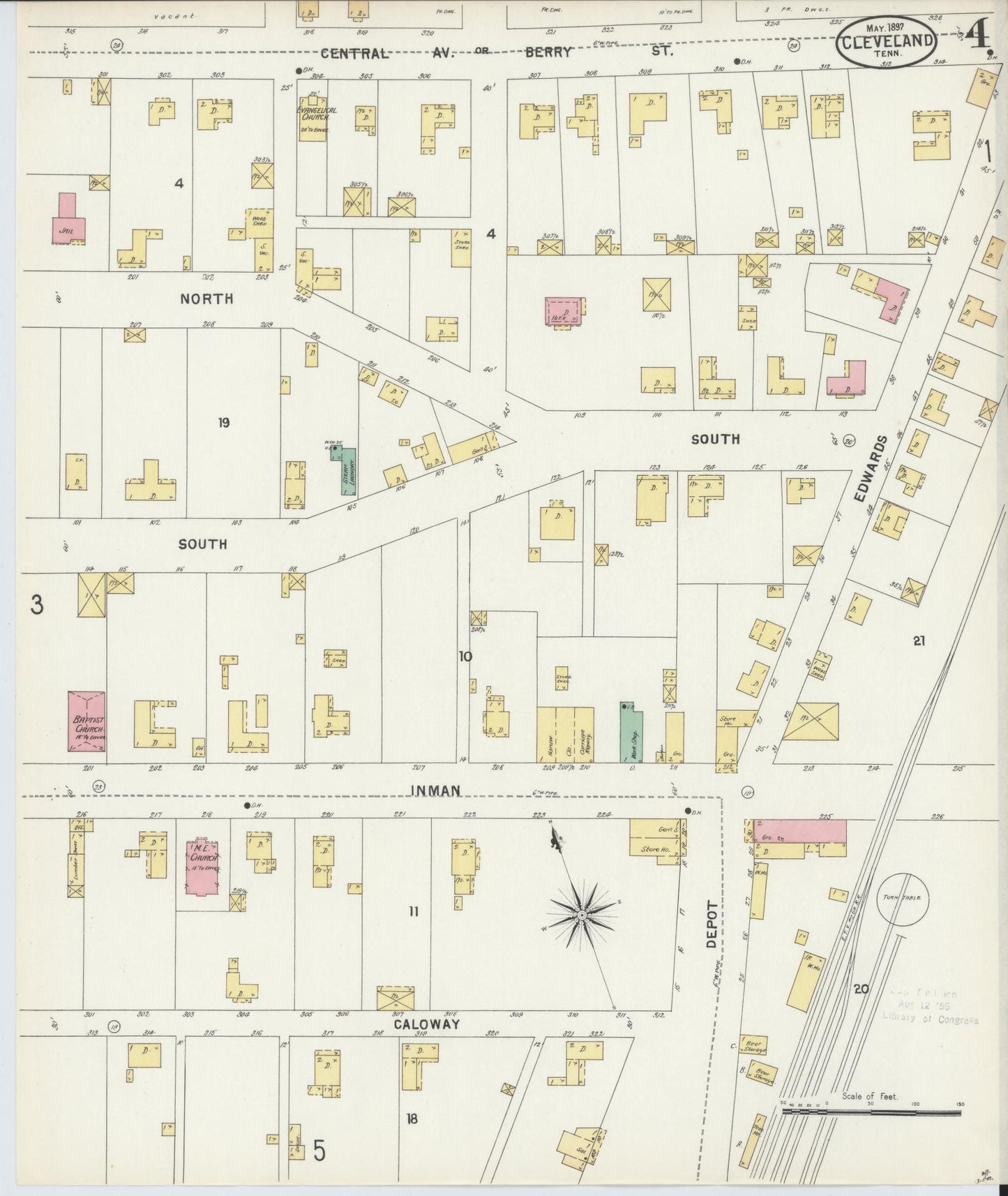 Sanborn Fire Insurance Map from Cleveland, Bradley County, Tennessee (1897), Sheet #0004 - Complete Map Set gallery image, historic Sanborn map, vintage wall art, Tennessee Tennessee