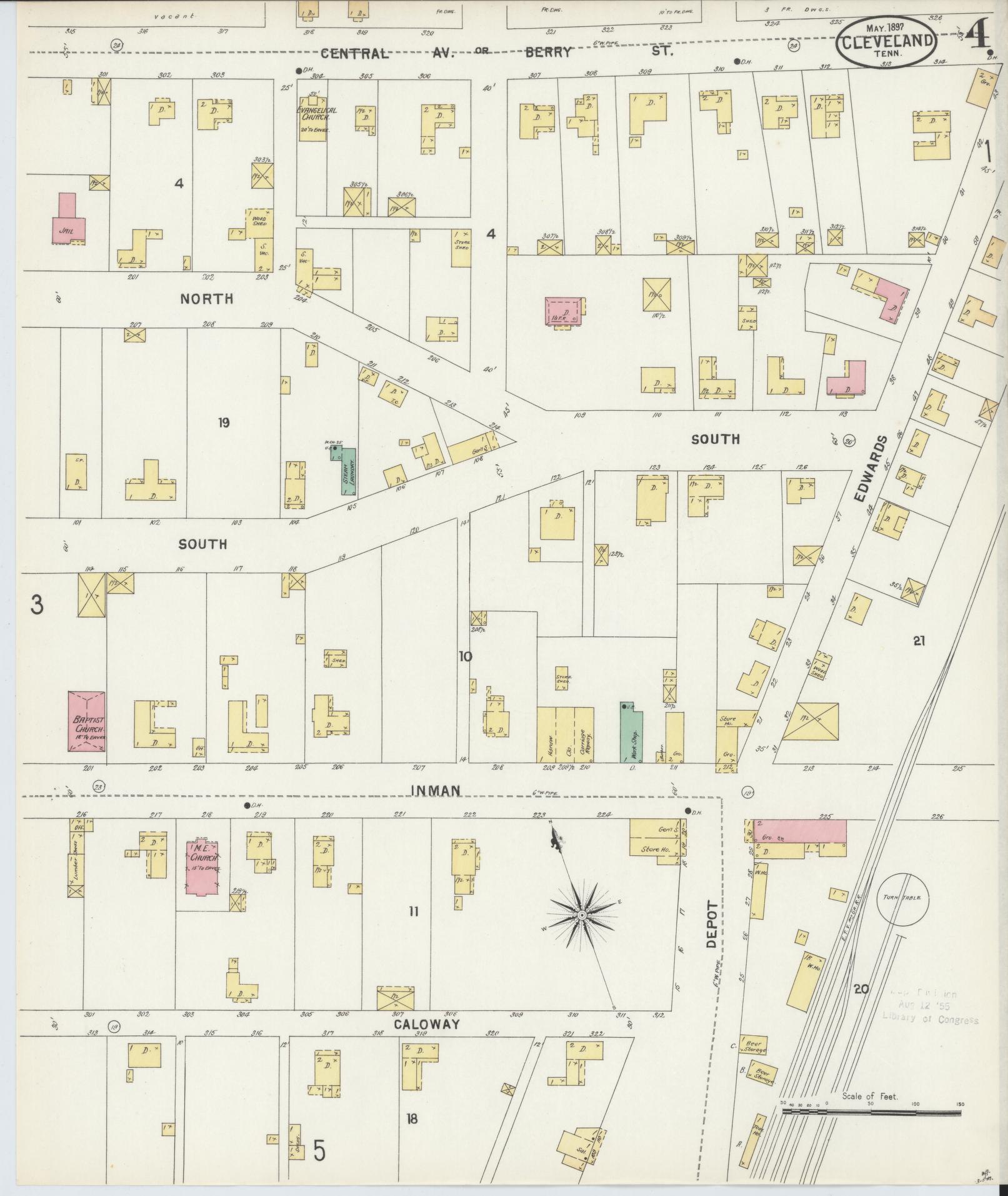 Sanborn Fire Insurance Map from Cleveland, Bradley County, Tennessee (1897), Sheet #0004 - Complete Map Set gallery image, historic Sanborn map, vintage wall art, Tennessee Tennessee