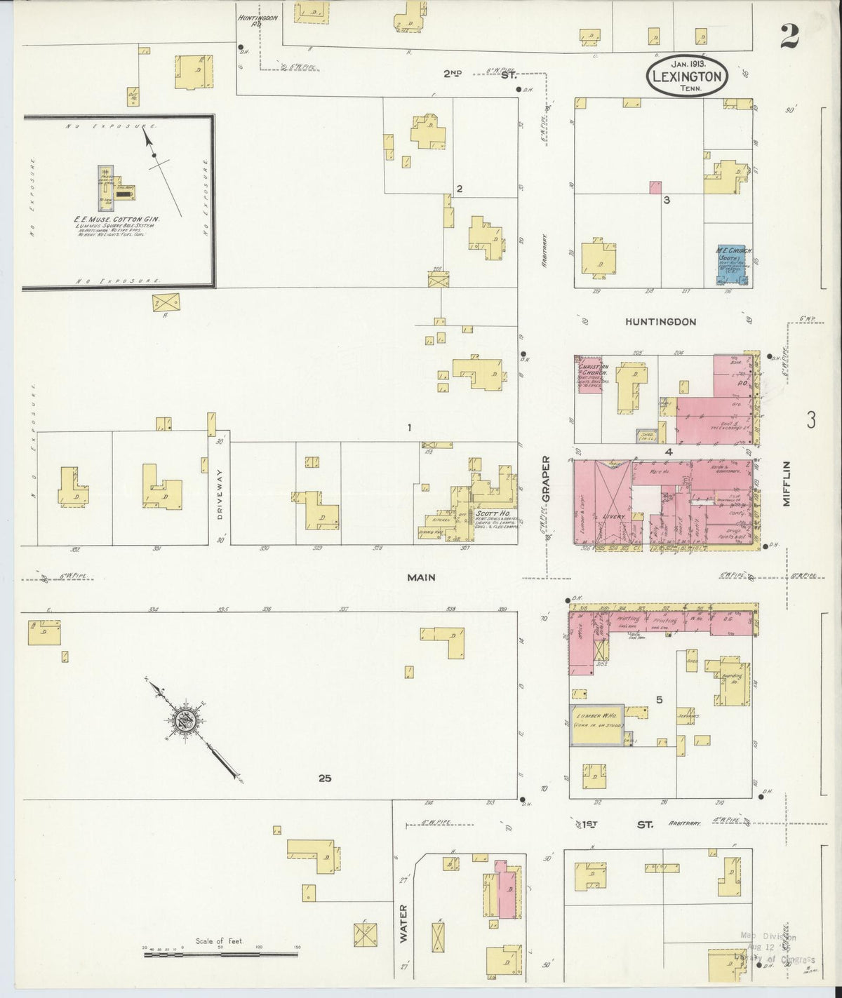 Sanborn Fire Insurance Map from Lexington, Henderson County, Tennessee (1913), Sheet #0002 - Complete Map Set gallery image, historic Sanborn map, vintage wall art, Tennessee Tennessee