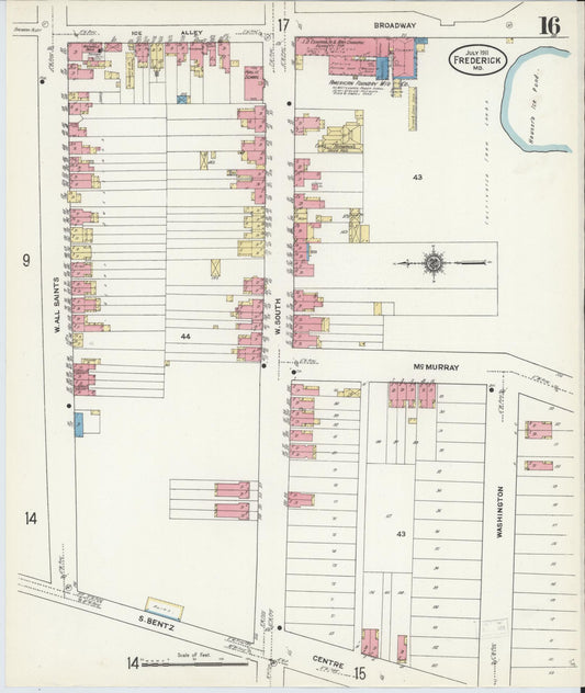 Sanborn Fire Insurance Map from Frederick, Frederick County, Maryland (1911), Sheet #0016 - Historic Sanborn Fire Insurance Map Print, vintage old map wall art