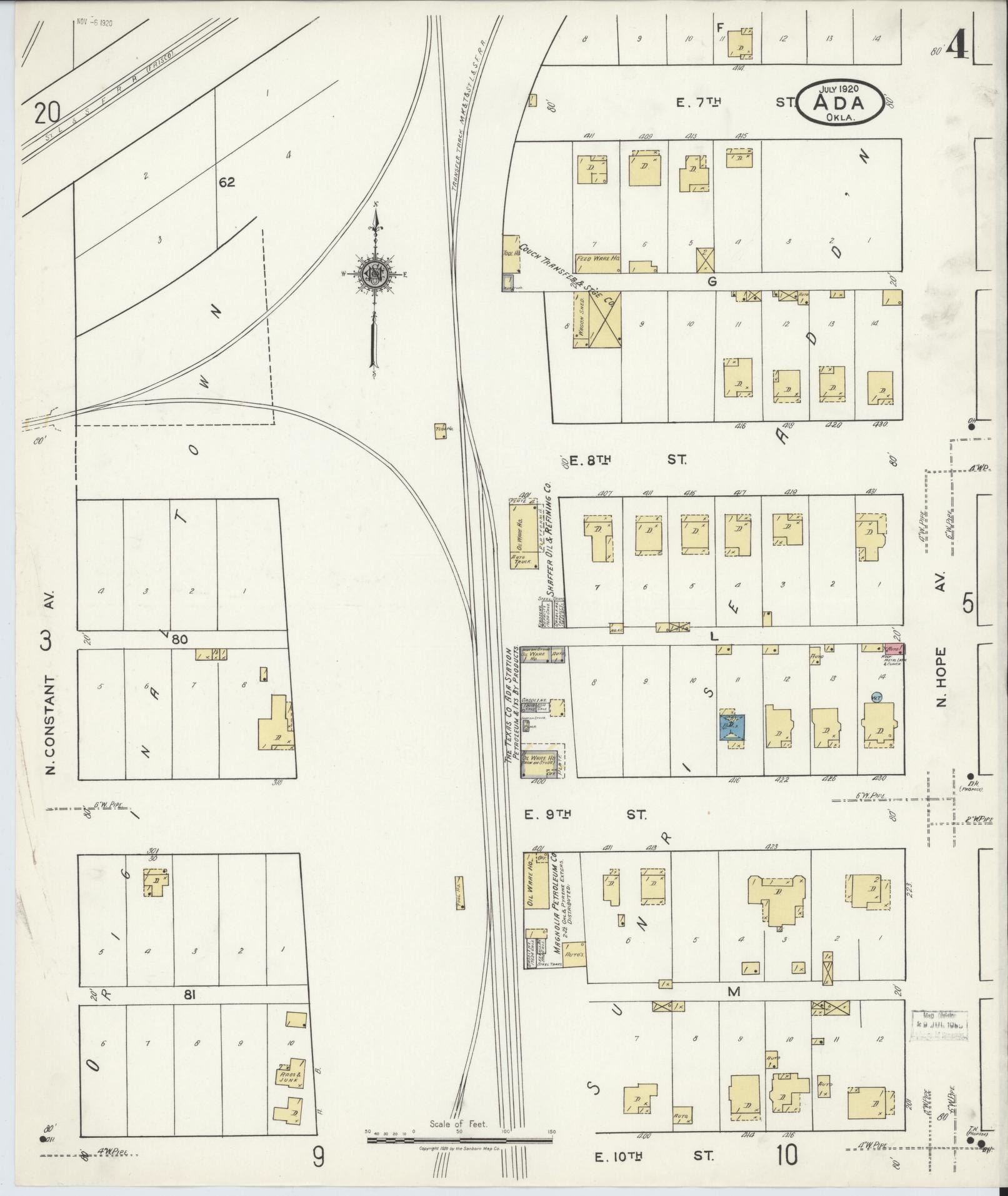 Sanborn Fire Insurance Map from Ada, Pontotoc County, Oklahoma (1920), Sheet #0004 - Historic Sanborn Fire Insurance Map Print, vintage old map wall art, antique decor, genealogy gift, Oklahoma Oklahoma map
