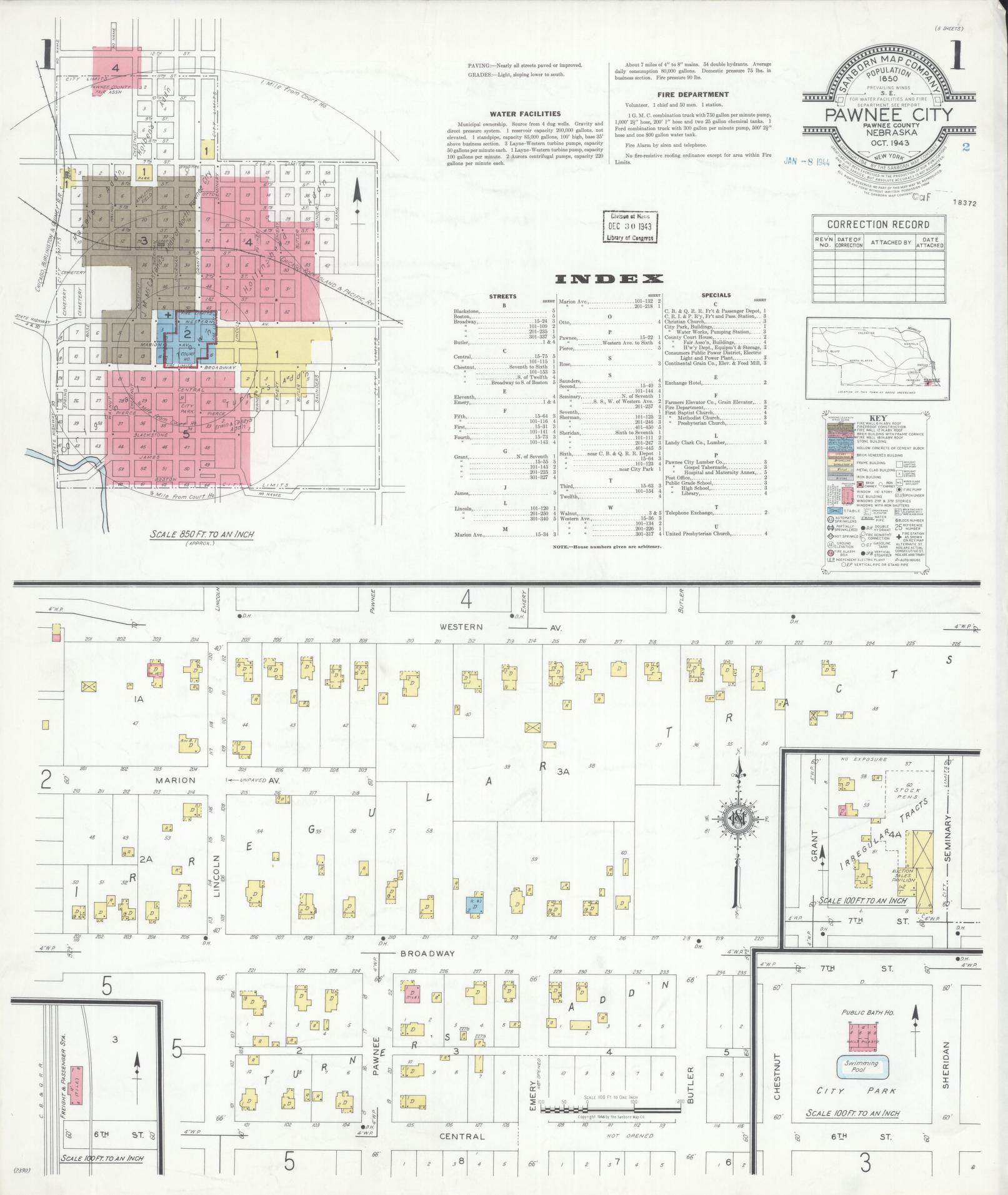 Sanborn Fire Insurance Map from Pawnee City, Pawnee County, Nebraska. (1943) – Historic Sanborn Fire Insurance Map Print