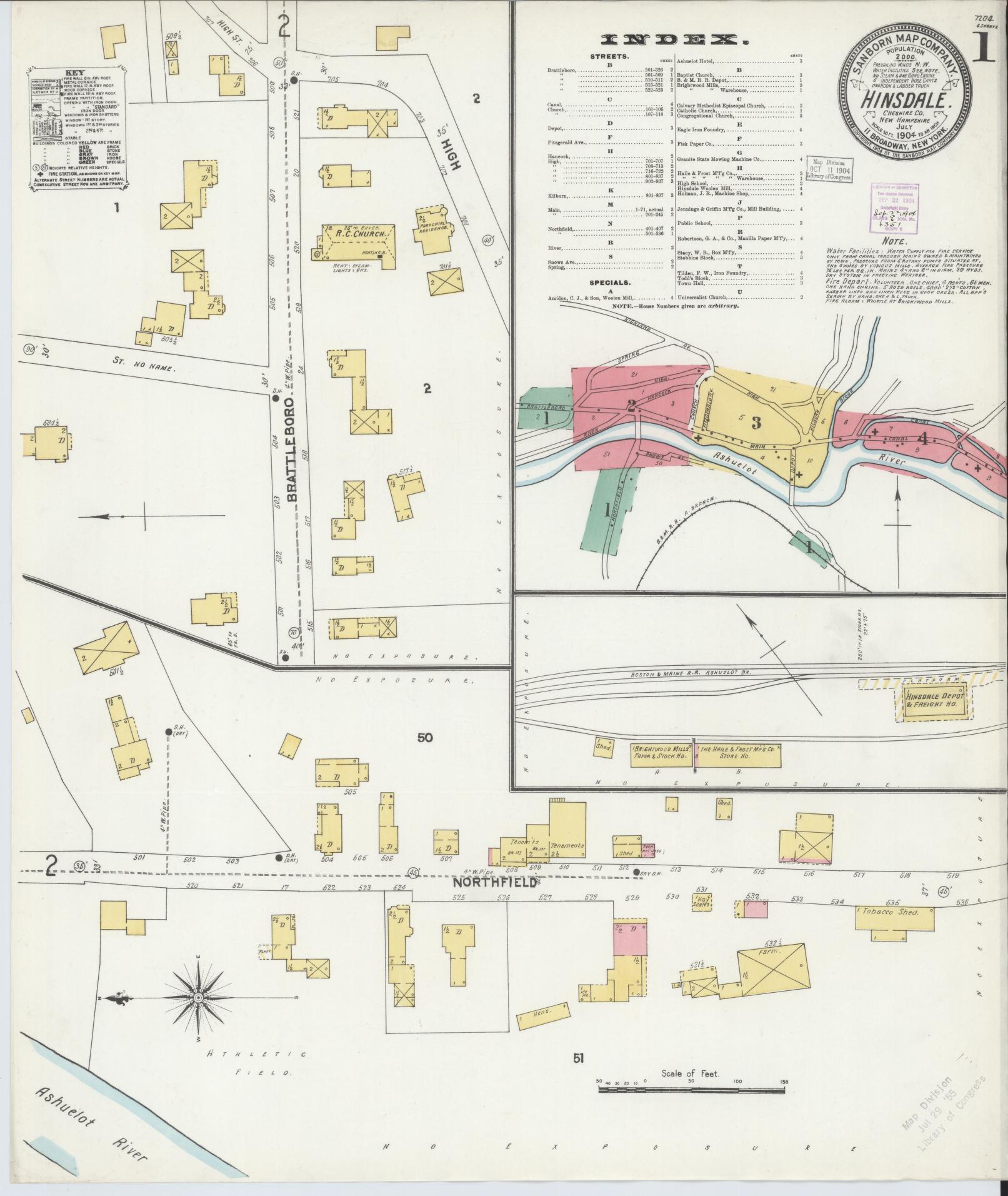 Sanborn Fire Insurance Map from Hinsdale, Cheshire County, New Hampshire (1904), Sheet #0001 - Complete Map Set gallery image, historic Sanborn map, vintage wall art, New Hampshire New Hampshire