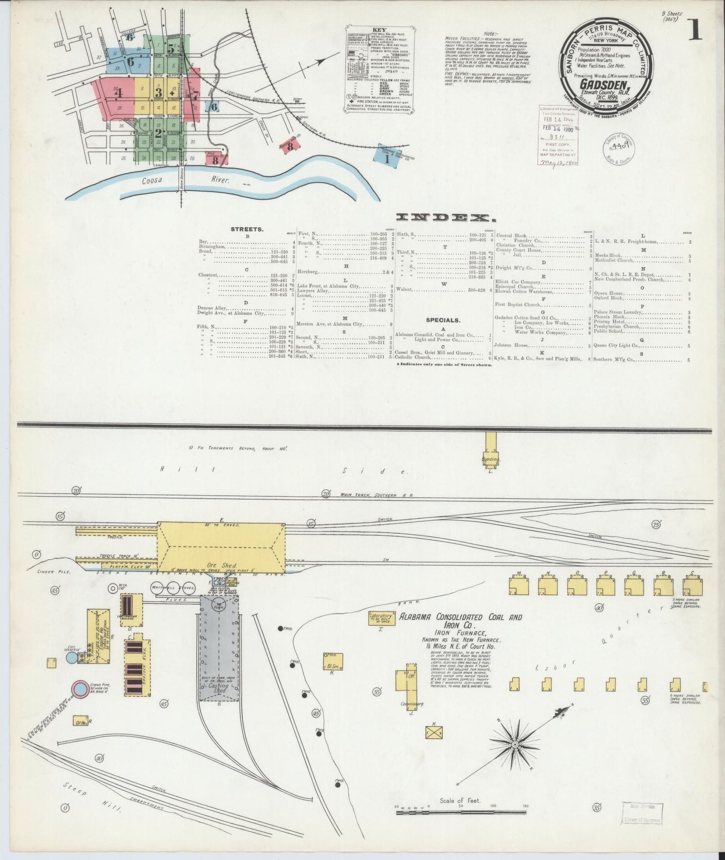Sanborn Fire Insurance Map from Gadsden, Etowah County, Alabama (1899), Sheet #0001 - Historic Sanborn Fire Insurance Map Print, vintage old map wall art, antique decor, genealogy gift, Alabama Alabama map