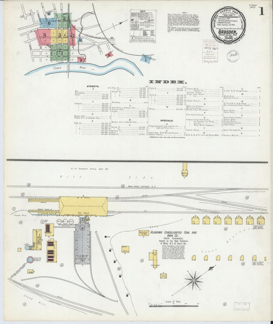 Sanborn Fire Insurance Map from Gadsden, Etowah County, Alabama (1899), Sheet #0001 - Historic Sanborn Fire Insurance Map Print, vintage old map wall art, antique decor, genealogy gift, Alabama Alabama map